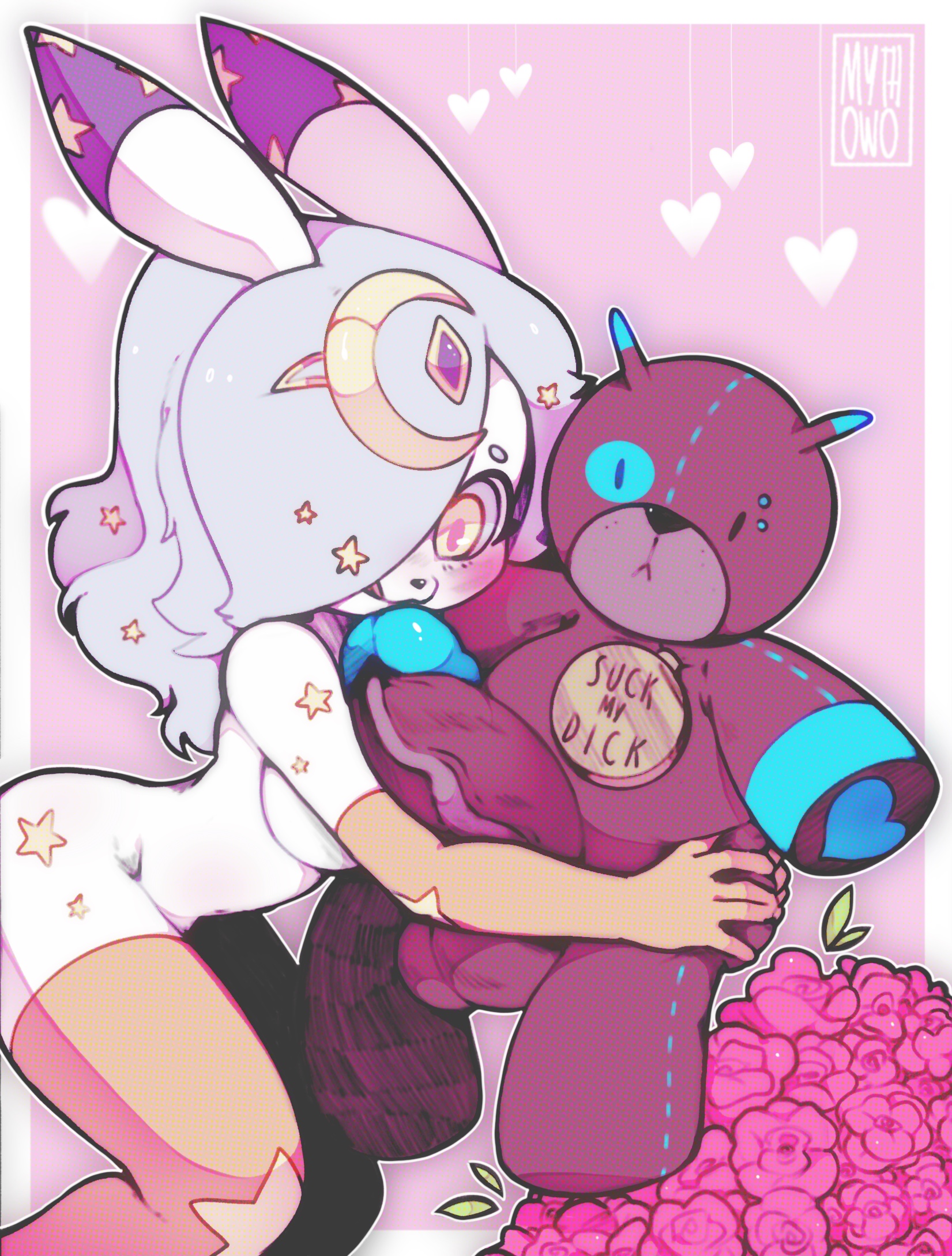 nintendo, hi res, anthro, clothing, cute face, fan character, female, footwear, fusion, genitals, gloves, hair, handwear, heart, long ears, long hair, looking down, looking pleasured, mythruna, penis, pokemon, presenting, socks, solo, star, teddy bear, video games, white body, yellow eyes, 
