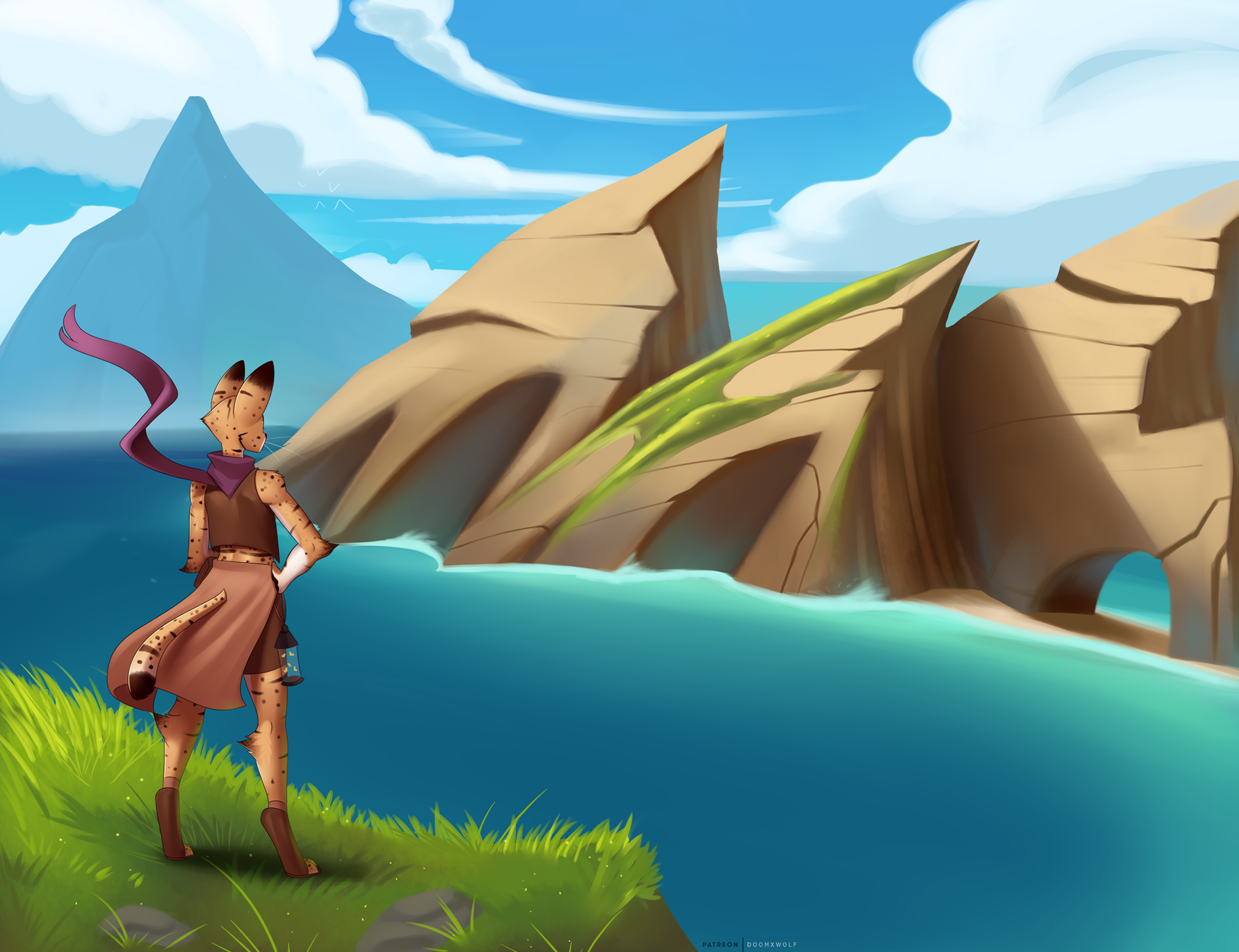 ambiguous_gender anthro cat_boy catboy clothed clothing cloud detailed_background digital_media_(artwork) domestic_cat doomthewolf felid feline felis fur grass group hand_on_hip hi_res kennai male male_focus male_only mammal markings mixed_breed mountain outside paws plant rear_view savannah_cat scarf sky solo spots spotted_body spotted_fur standing whiskers yellow_body yellow_fur