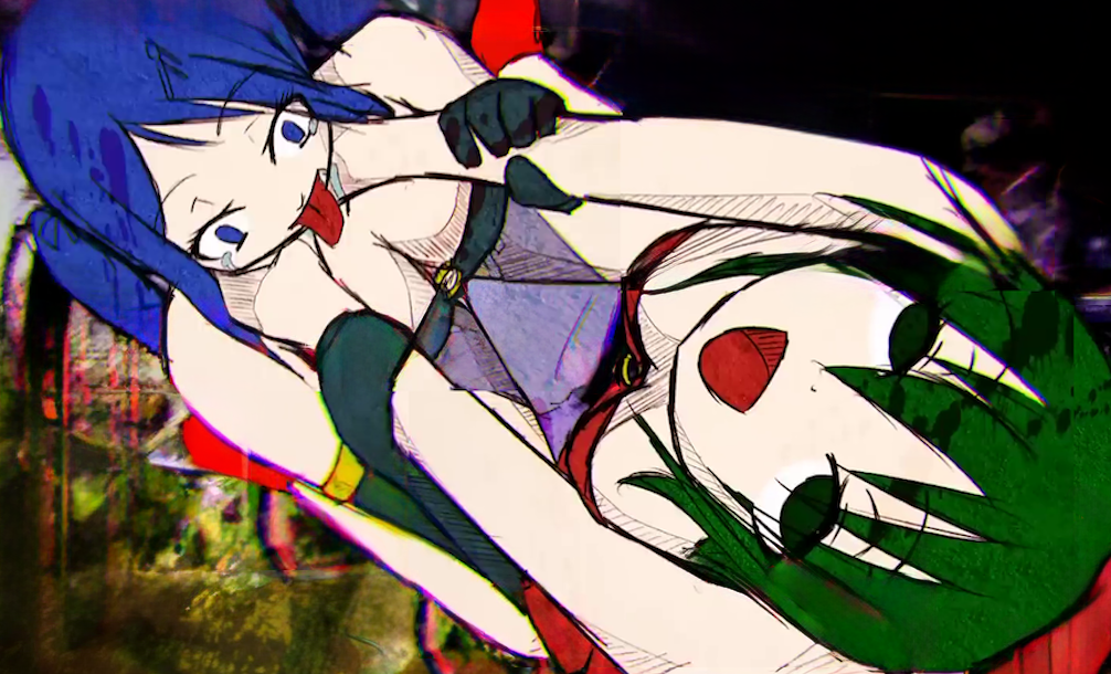 2013 2girls asphyxiation bare_shoulders bikini blue_eyes blue_hair cleavage dancer echidna_(maha_no_hanashi) edit edited_screencap elbow_gloves ell182a_(masa_works_design) encantada_(vocaloid) female female/female female_only from_above full_body_edit gloves grabbing_another's_arm grabbing_arms green_eyes green_hair gumi hair_ornament hatching_(texture) hatsune_miku loincloth maha_no_hanashi masa_works_design matching_hair/eyes multiple_females multiple_girls mv_character o-ring o-ring_top official_art open_mouth photoshop_(medium) red_bikini red_footwear saliva shoes sitting smile strangling tears the_dancer_(maha_no_hanashi) third-party_edit tongue tongue_out twintails vocaloid yuri