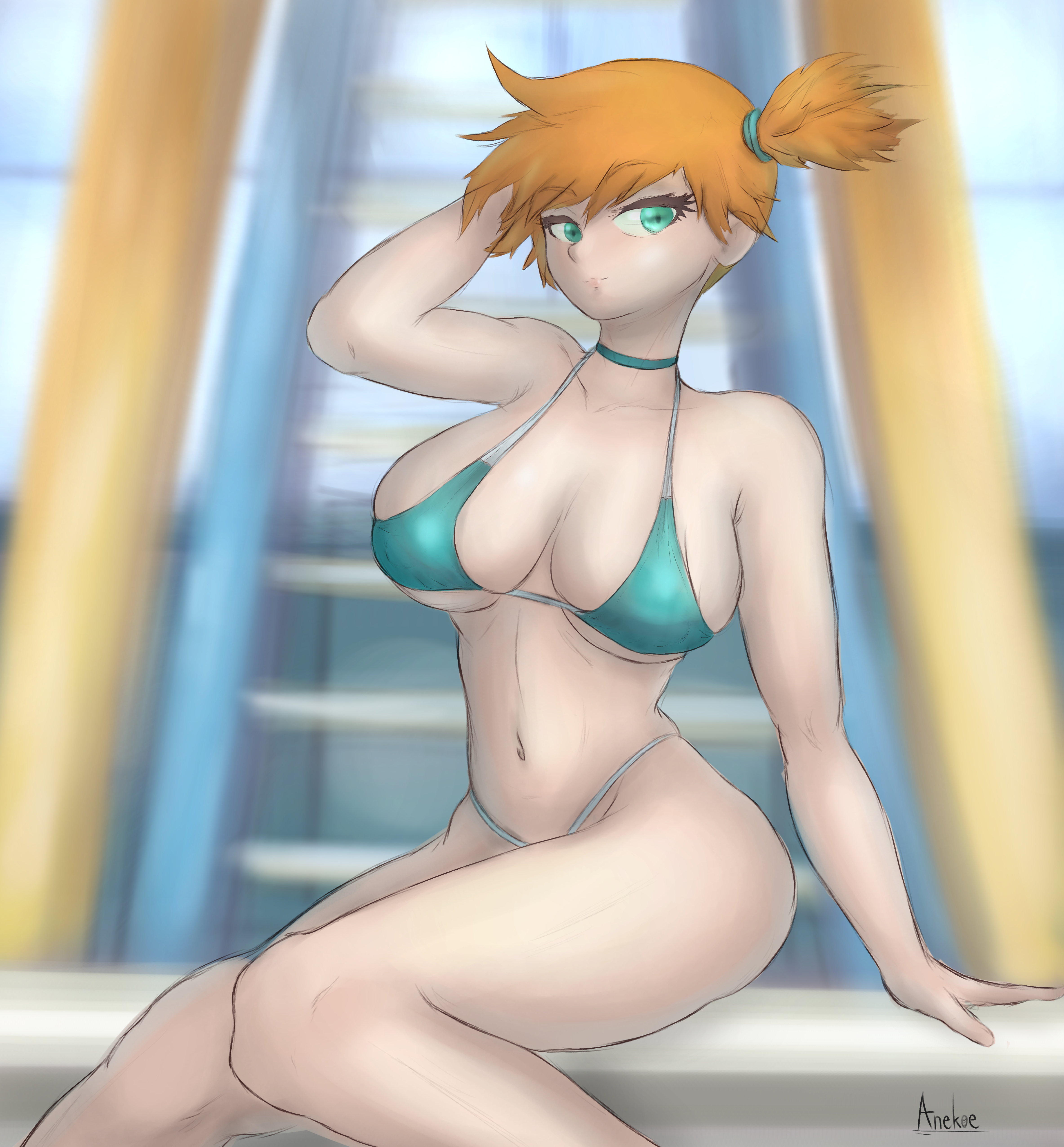 kasumi (pokemon), pokemon rgby, anekoe98, big breasts, breasts, green eyes, huge breasts, large breasts, legs, orange hair, pokemon, red hair, thick, thick thighs, thighhighs, threesome, 