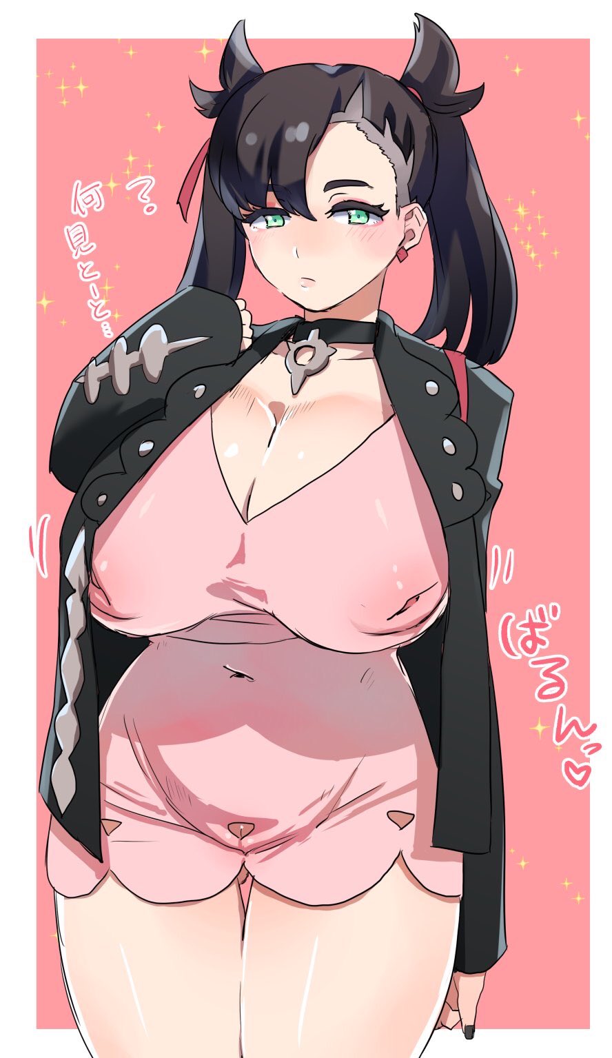 aono keita (aokeino), marnie (pokemon), nintendo, pokemon ss, pink background, simple background, text, translation request, 1girls, ?, alternate breast size, belly, black choker, black hair, black jacket, black nails, blue eyes, blush, breasts, cameltoe, choker, closed mouth, clothes, cutout, dress, earrings, eye contact, female, female only, hair ribbon, half-closed eyes, huge breasts, human, human only, humans of pokemon, inverted nipples, jacket, jewelry, jiggle, long sleeves, looking at viewer, nail polish, navel, nipples, onomatopoeia, open clothes, open jacket, outline, pink dress, pokemon, pussy, red ribbon, ribbon, see-through, see-through clothing, sleeves past wrists, solo, thick thighs, thigh gap, twintails, two-tone background, white border, wide hips, wide sleeves, 