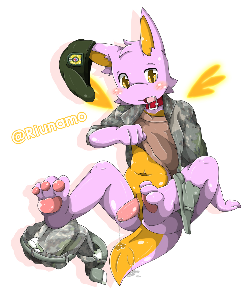 mellonsoda, 1boy, animal genitalia, anthro, blush, bottomless, briefs, camo, clothed, clothing, clothing lift, collar, cute fangs, discarded clothing, dragon, erection, genital slit, headgear, legs up, male, male only, open clothes, open shirt, pants, pawpads, penis, precum, precum string, reclining, scalie, shirt, shirt lift, slit, solo, spread legs, spreading, underwear, underwear around one leg, 