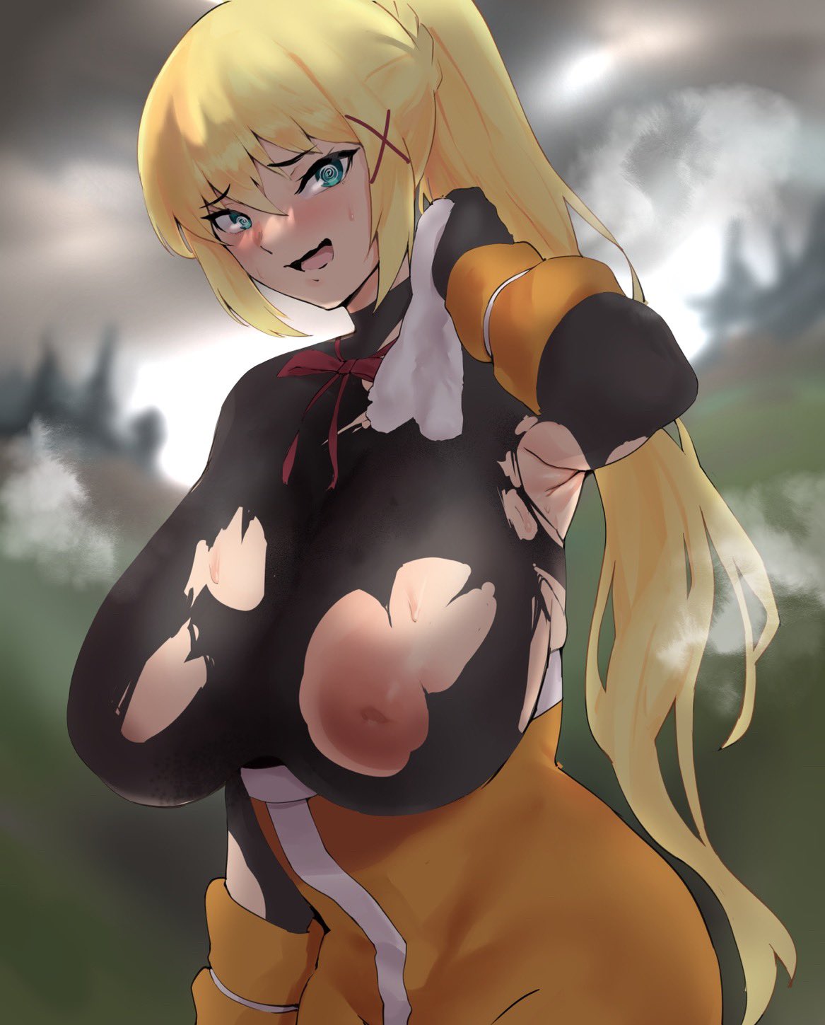 yotahen, darkness (konosuba), kono subarashii sekai ni shukufuku wo!, 1girls, areolae, big breasts, breasts, female, female only, huge breasts, nipples, solo, torn clothes, 