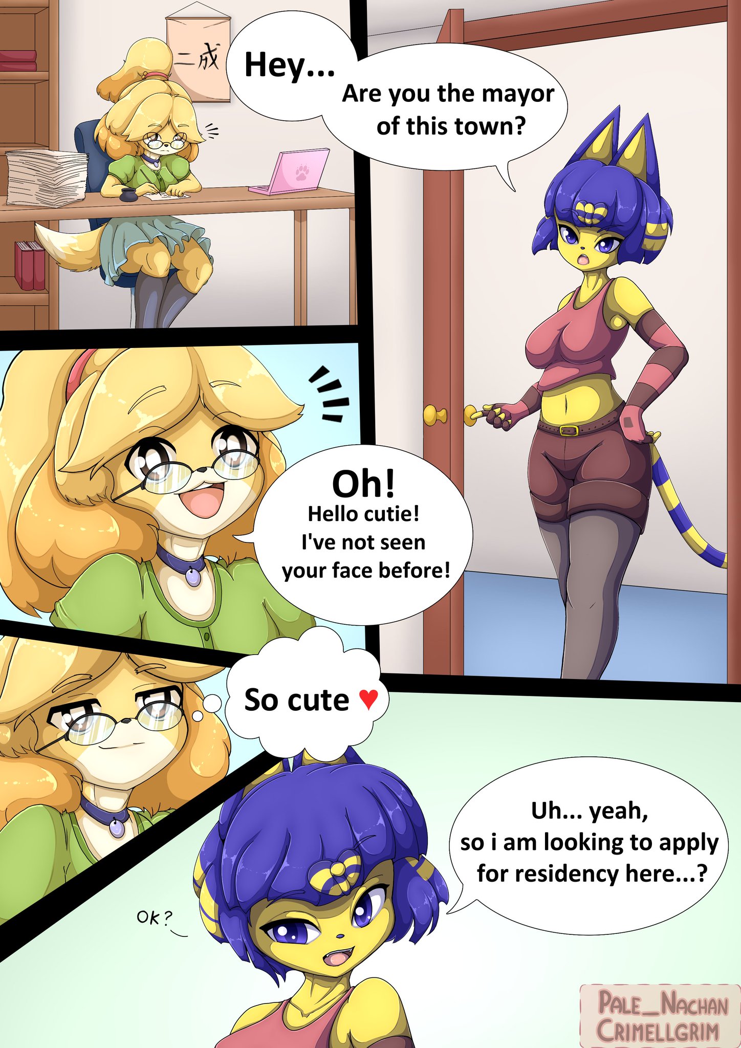 crimellgrim, ankha, animal crossing, nintendo, better version at source, comic, english text, text, twitter sample, 2023, 2futas, ankha (animal crossing), anthro, anthro on anthro, blue hair, breasts, canid, canine, domestic cat, domestic dog, dress, duo, futa on futa, futa only, futanari, glasses, nachan, navel, page 1, tail, yellow body, yellow fur, 