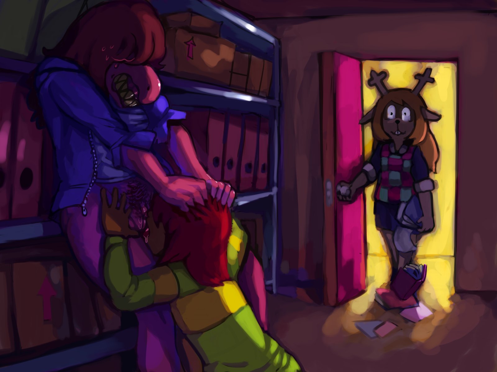 deathheadmoth00, kris (deltarune), noelle holiday, susie (deltarune), deltarune, sketch, 1boy, 2girls, anthro, book, bottomless, capreoline, cervine, clothed, clothing, cunnilingus, female, furry, grin, head grab, holding book, holding object, human, human on anthro, interspecies, mammal, oral, pubic hair, pussy, reindeer, scalie, smile, standing, vaginal penetration, video games, walk-in, 