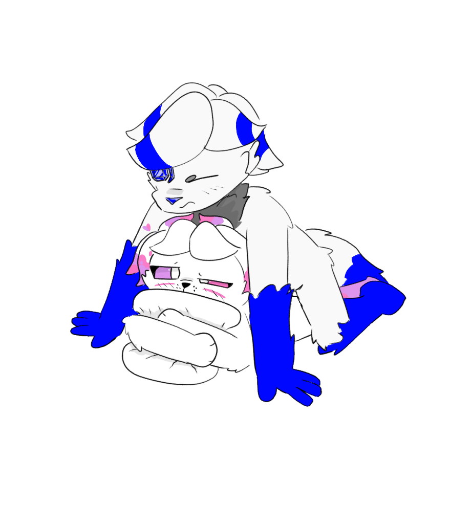 ahe_gao anthro bad5001 blush canid canine cyclops duo enta female heart_symbol hug hugging_object hugging_pillow joey_(bad5001) looking_pleasured lying_on_ground male male/female mammal mireya_(azulacs) on_ground pillow tagme toytale