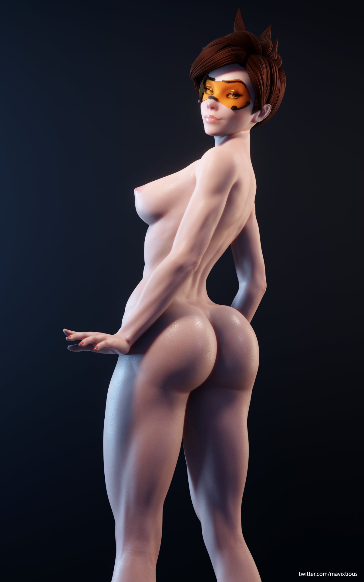 mavixtious, tracer, overwatch, 3d, blender, 1girls, areolae, ass, breasts, ...
