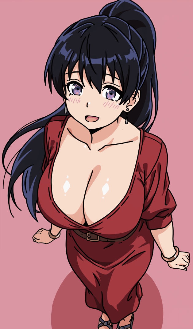 1girls 2d alternate_costume alternate_hairstyle artist_request big_breasts black_hair blue_eyes breasts cleavage cleavage_cutout cleavage_overflow closed_eyes clothed clothed_female clothing dress ear_piercing female female_only huge_breasts huge_cleavage large_breasts looking_back nagi_arato red_background red_clothing red_dress ruri_no_houseki ruri_rocks smile smiling solo solo_female solo_focus tied_hair