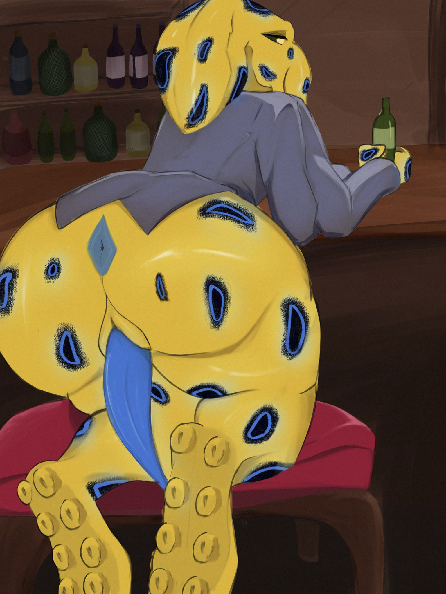 hi res, anthro, anus, ass, big butt, big penis, bloodhail214, blue-ringed octopus, cephalopod, clothing, coleoid, drinking, genitals, kneeling, male, male only, marine, mollusk, octopodiform, octopus, penis, public, public nudity, solo, suit, tapering penis, teasing, tentacle, yellow body, 
