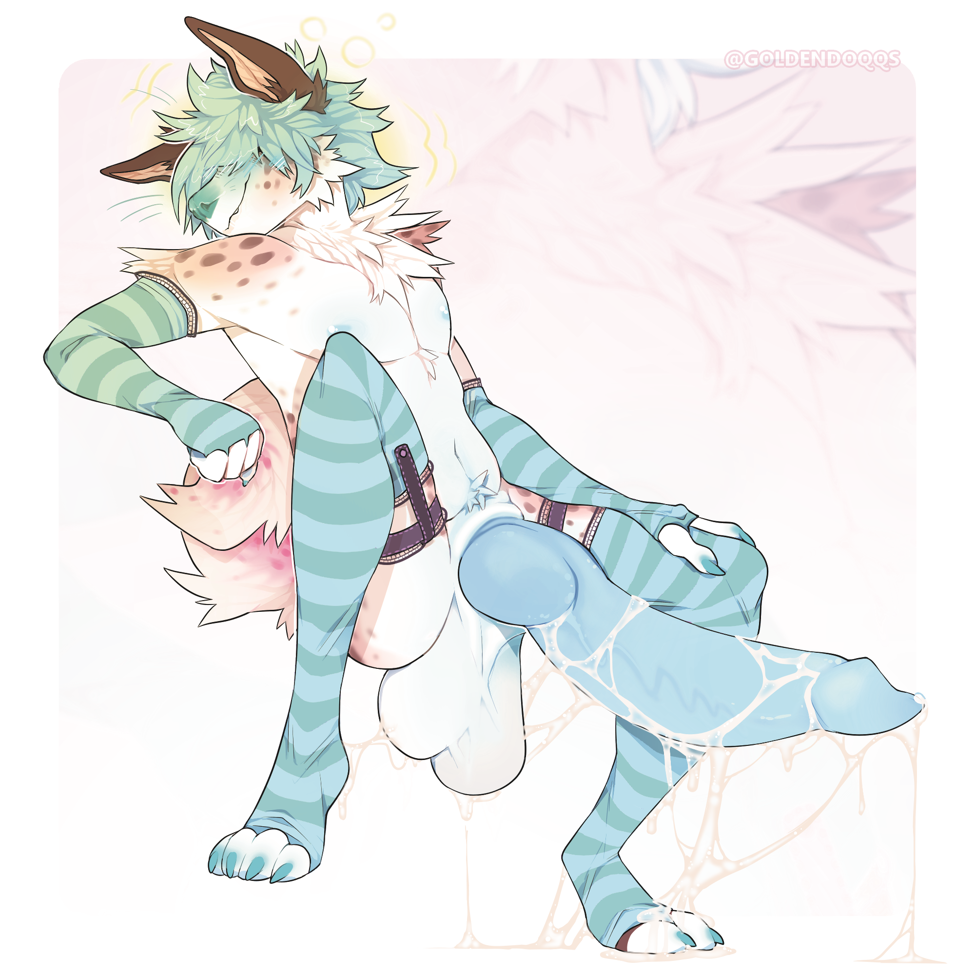 hi res, anthro, arm warmers, armwear, balls, big balls, big penis, blue claws, blue nipples, blue nose, blue penis, blush, bodily fluids, claws, clothing, cum, cum on feet, cum on self, fluffy, fluffy tail, fur, garreth (thedgamesd), genital fluids, genitals, goldendoqqs, huge cock, hyper, hyper genitalia, hyper penis, legwear, male, neck tuft, nipples, penis, shy, smile, smirk, solo, thigh highs, tuft, white body, white fur, 