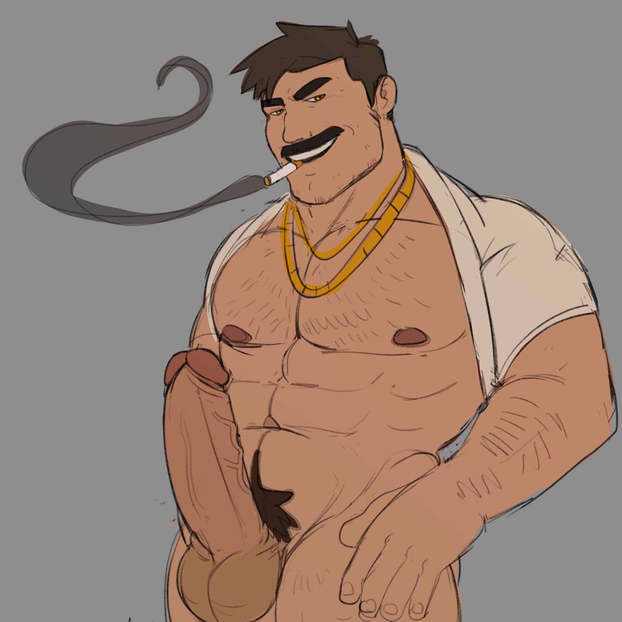 1boy, balls, bara, big balls, big penis, daddy, erection, frank (kenkudog), hairy chest, looking at viewer, male, male nipples, male only, male pubic hair, mature male, moustache, muscular male, nipples, nude, penis, red robot, 