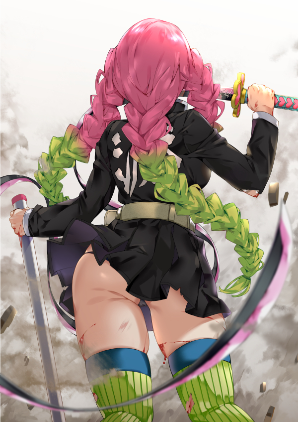 kanroji mitsuri, demon slayer, kimetsu no yaiba, back view, black panties, braided hair, clothing, female, female only, long hair, panties, pink hair, ripped clothing, ripped stockings, solo, sweat, thick thighs, thighhighs, torn clothes, torn thighhighs, two tone hair, upskirt, wide hips, zettai ryouiki, 