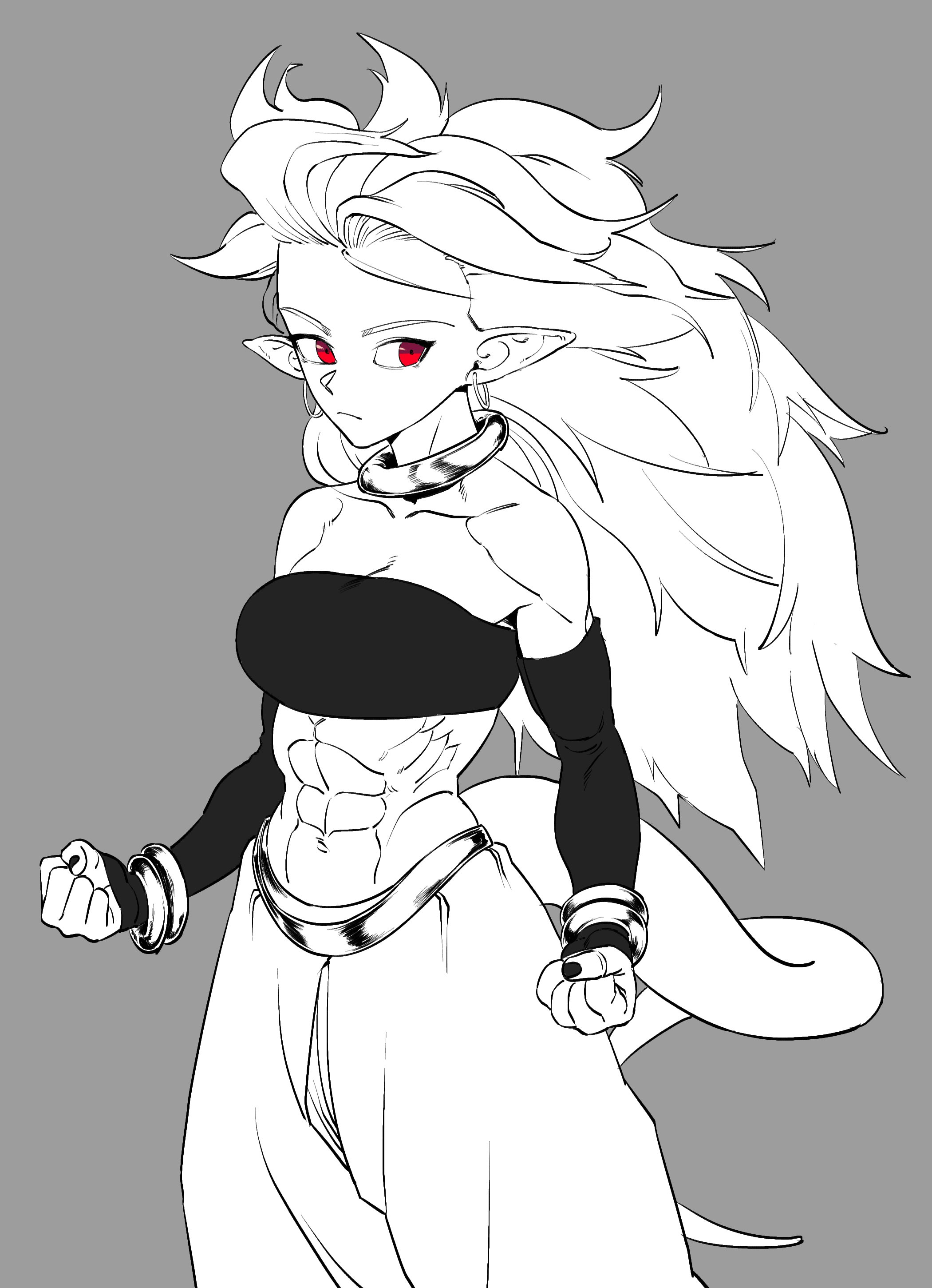 android 21, majin android 21, dragon ball, dragon ball fighterz, dragon ball z, abs, arabian clothes, bare shoulders, belly button, bracelet, jewelry, looking at viewer, muscular, muscular female, navel, pointy ears, red eyes, spiked hair, tail, wind, zquung, 