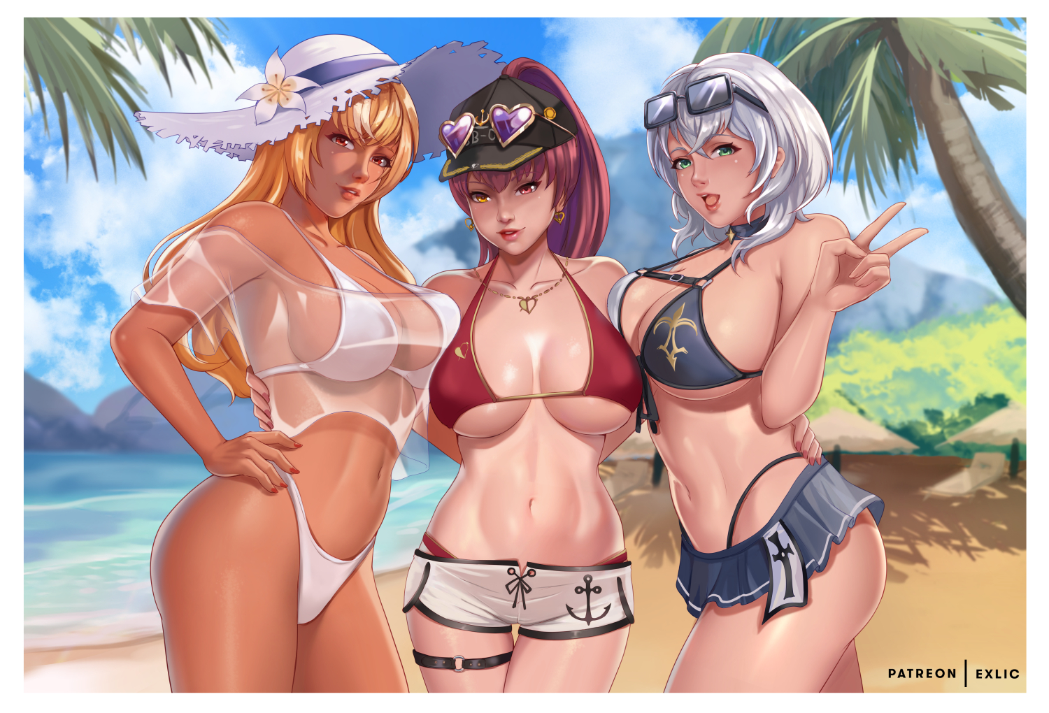 houshou marine, shirogane noel, 3girls, big breasts, breasts, cleavage, dark-skinned female, dark skin, female, female only, large breasts, looking at viewer, shiranui flare, thick thighs, wide hips, 