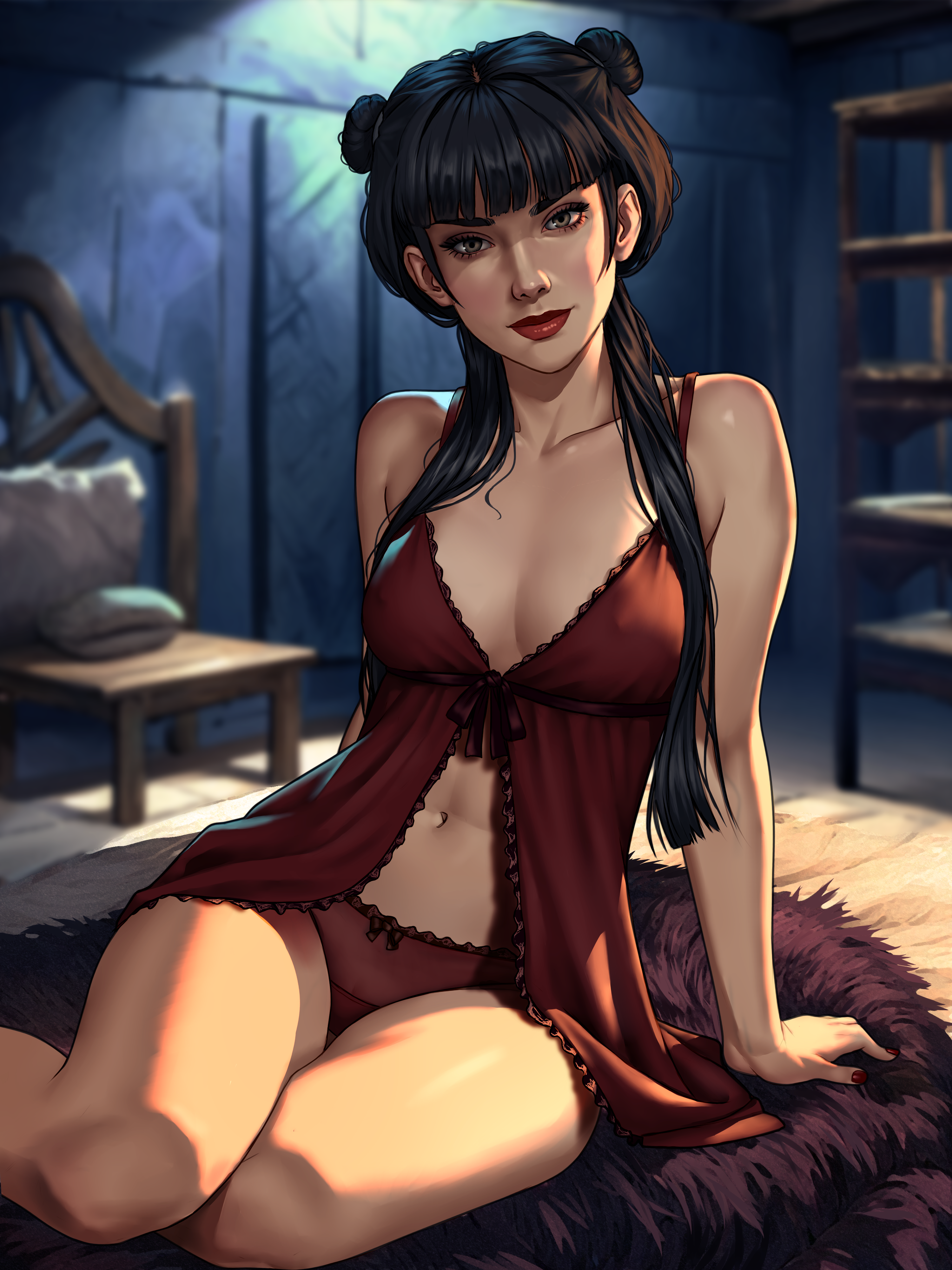 viiperart, mai (avatar), avatar the last airbender, absurd res, digital media (artwork), pose, third-party edit, 1girls, aged up, alternate eye color, bedroom, black hair, breasts, double bun, head tilt, leaning on arm, legs together, lingerie, looking at viewer, medium breasts, navel, noblewoman, panties, pinup, pinup pose, red nail polish, sitting, sitting on bed, smile, smooth skin, solo, solo female, 