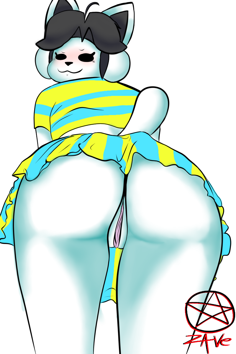 temmie (undertale), undertale, hi res, anthro, blush, bottomwear, canid, canine, clitoris, clothed, clothing, felid, feline, female, flashing, genitals, grey hair, hair, mammal, no underwear, rear view, skirt, solo, tem, thick thighs, topwear, undertale (series), video games, white body, wide hips, 