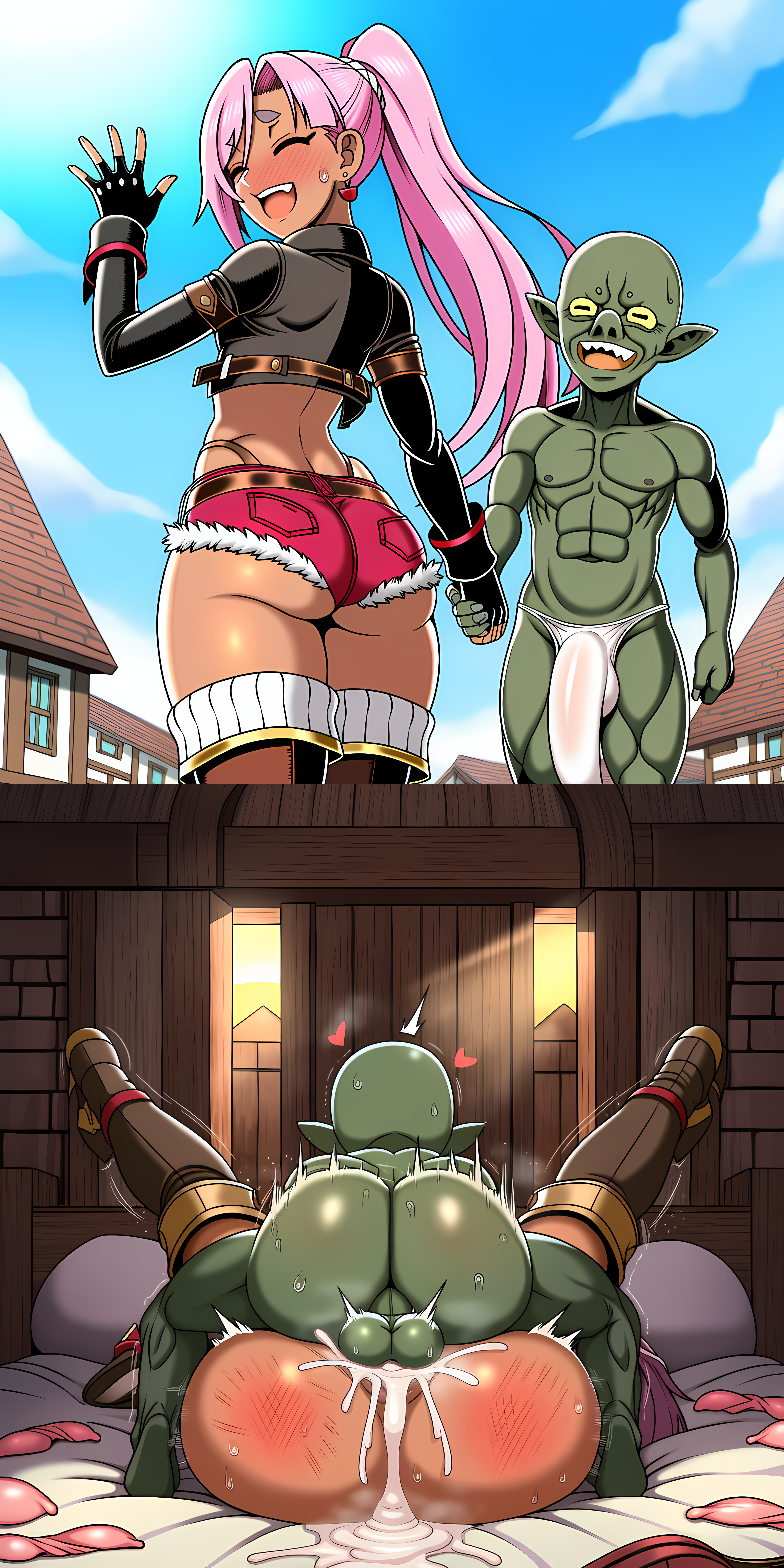 1boy 1boy1girl 1girls 2koma abs ai_generated ass back_view balls balls_deep before_and_after big_ass big_butt blush bulge bulge_through_clothing closed_eyes clothed clothed_female clothing cum cum_drip cum_dripping cum_inside cum_leaking cum_trail cumming cumming_while_penetrating cumshot dark-skinned_female dark_skin deep_penetration dripping dripping_cum ejaculation female female_penetrated genitals goblin goblin_male green_skin hentai4life indoors interspecies leaking_cum legs_up let_this_grieving_soul_retire! liz_smart male male/female male_penetrating male_penetrating_female mating_press monster muscular muscular_male nageki_no_bourei_wa_intai_shitai novelai penetration pink_hair ponytail revealing_clothes round_ass round_butt sex sky standing straight testicles thighs used_condom waving
