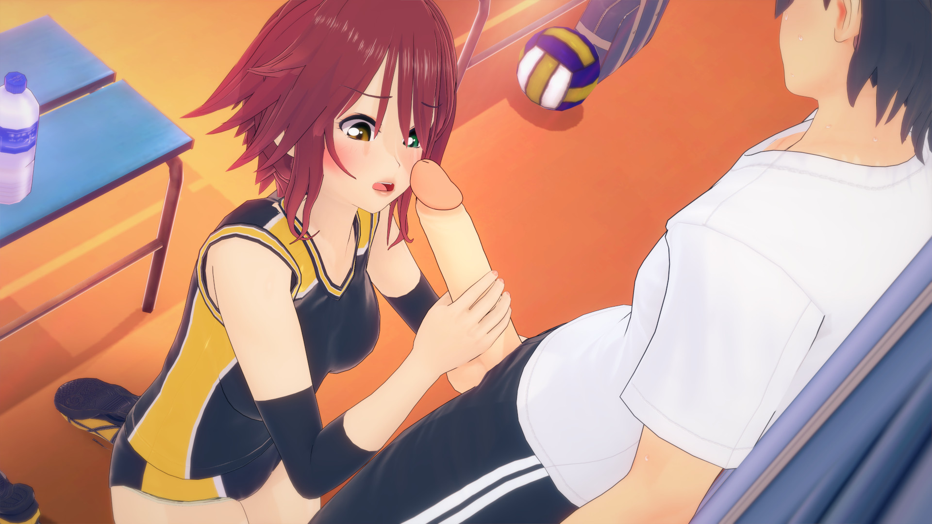 bellsrow, koikatsu, tagme, big penis, handjob, red hair, volleyball.