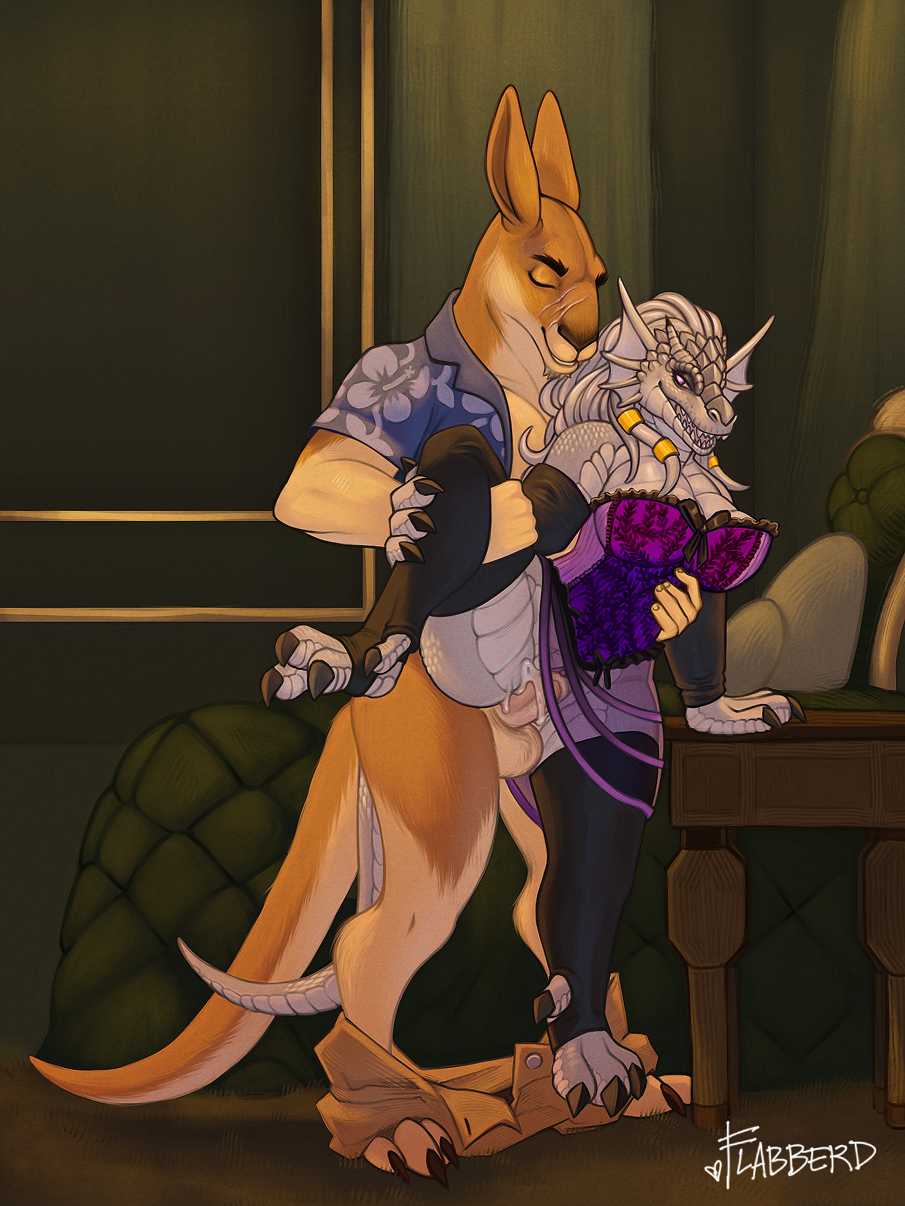 aloha_shirt anthro bed bedroom_sex big_breasts bodily_fluids bottomwear bottomwear_down breasts claws clitoris closed_eyes clothed clothed_sex clothing corset cum cum_drip cum_in_pussy cum_inside cum_on_penis curtains dragon dragonborn_(dnd) dripping dungeons_and_dragons duo ejaculation female flabberd footwear frill_(anatomy) from_behind_position furniture genital_fluids genitals gloves handwear hasbro hi_res humanoid jewelry kangaroo larger_male leather leather_clothing leather_gloves leather_handwear leg_grab lingerie lizard long_tail looking_back macropod male male/female mammal marsupial mythological_creature mythological_scalie mythology nightstand pants pants_around_ankles pants_down partially_clothed pattern_clothing pattern_shirt pattern_topwear penis pillow pussy raised_leg reptile scales scalie scar sex shane_miller sharp_teeth shirt size_difference skirt smaller_female socks stirrup_socks table tail teeth toe_claws topwear wizards_of_the_coast