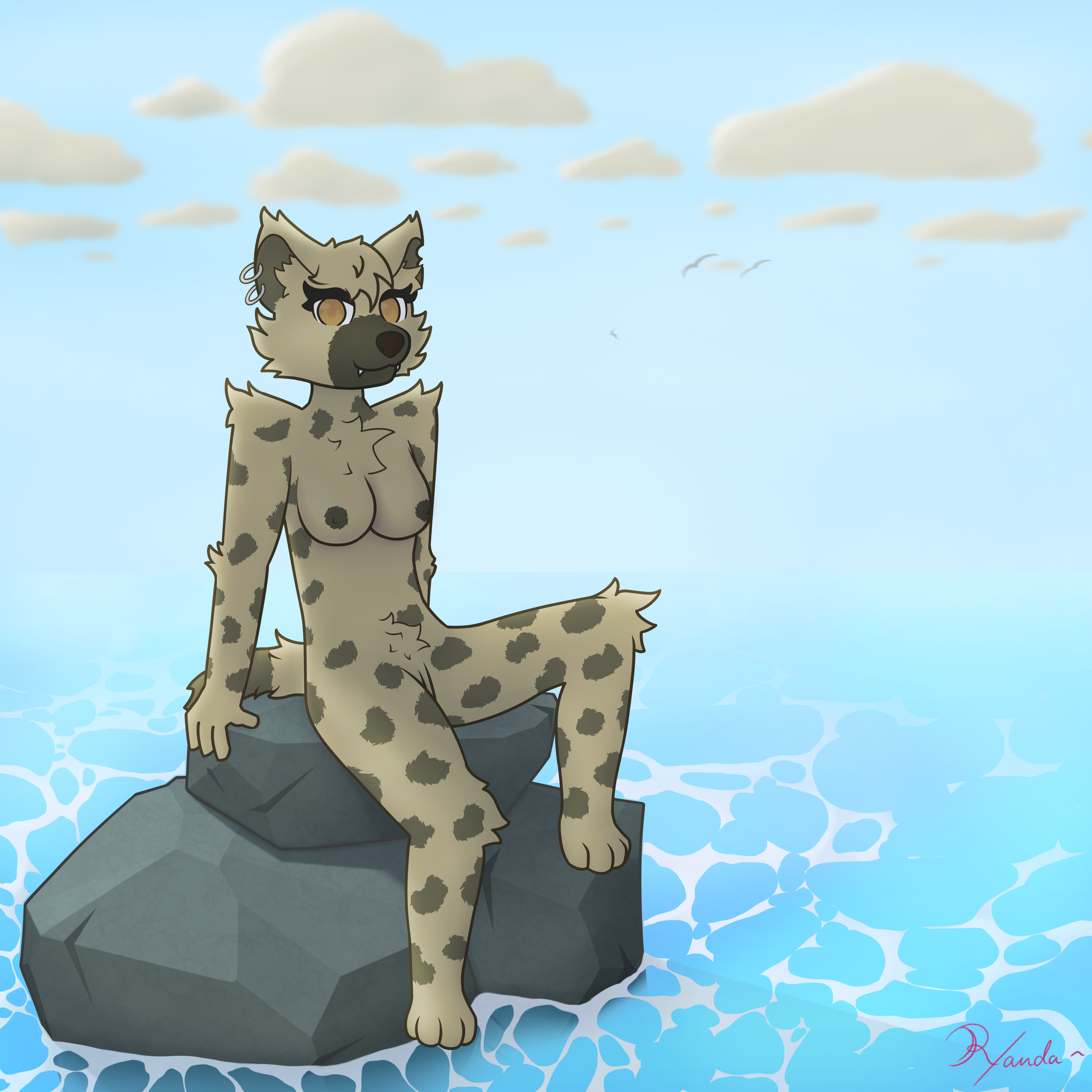 2025 absurd_res anthro breasts cloud ear_piercing ear_ring female genitals hair hi_res hyena looking_at_viewer mammal medium_breasts nude outside paige_(randa_the_wah) piercing raised_leg randa_the_wah ring_piercing rock sea shaded shaded_background short_hair sitting smile solo spotted_hyena three-quarter_view toony vulva water