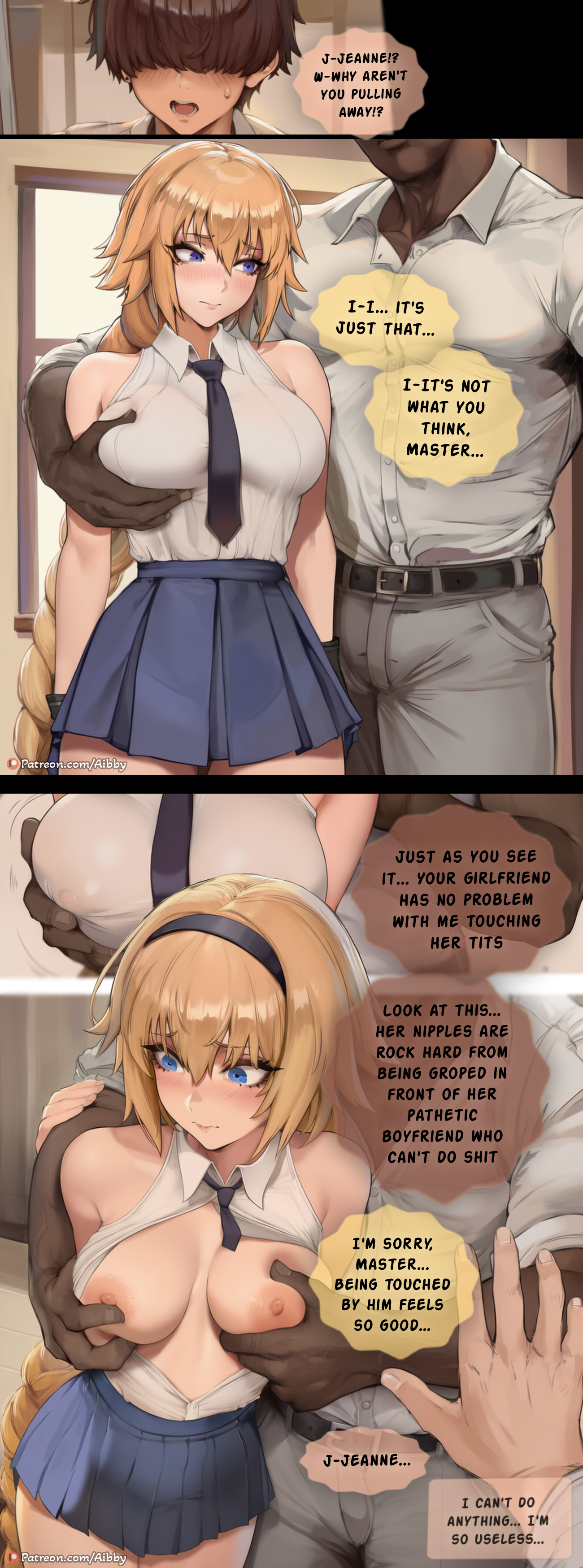 2boys ai_generated aibby big_breasts blacked breasts bully bullying cheating cheating_(relationship) cheating_girlfriend cuck cuckold cuckolding dark-skinned_male dialogue edited fate/grand_order fate_(series) female grabbing_breasts humiliation in_front_of_cuckold infidelity interracial jeanne_d'arc_(fate) netorare ntr panels touching_breast uncensored watermark