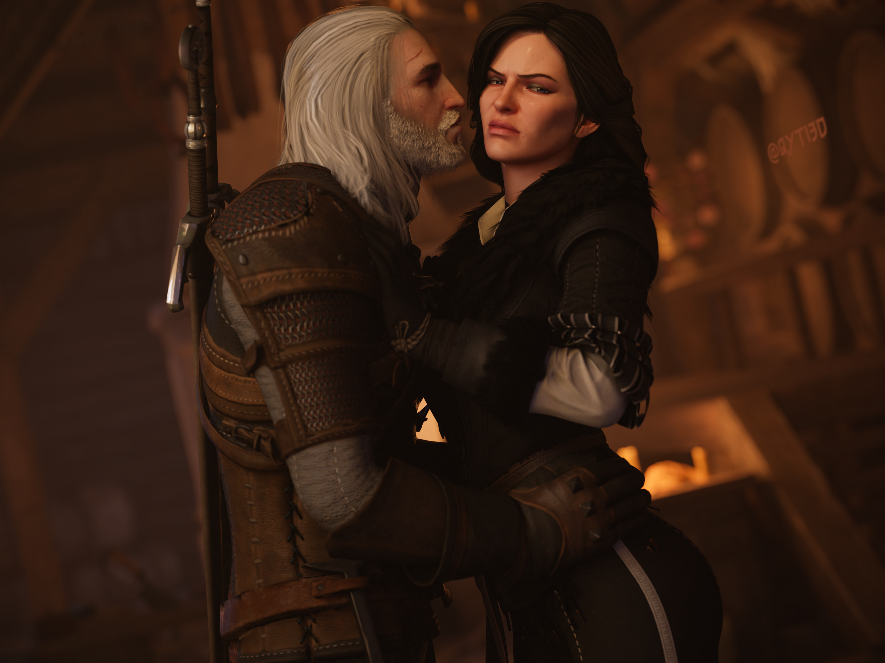1boy 1boy1girl 1girls 3d 3d_(artwork) angry_face blender blender_(software) clothed geralt_of_rivia highres large_filesize no_sex qyti rejection the_witcher_(series) upset yennefer