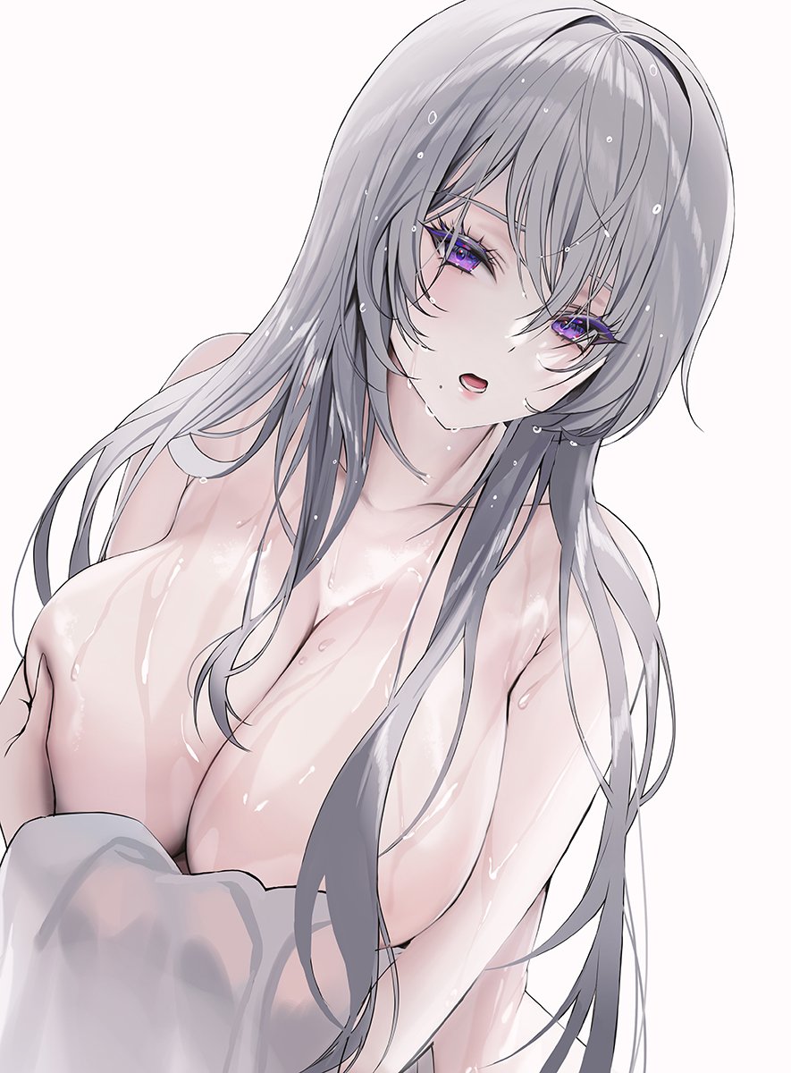 original, highres, :o, bangs, bare shoulders, breast grab, breast hold, breast press, breast squeeze, breasts, cleavage, covered nipples, dripping, female, grabbing, large breasts, lips, looking at viewer, makeup, mascara, mole, mole under mouth, nude, open mouth, purple eyes, silver hair, skindentation, topless, wet, yoyayogurt, 
