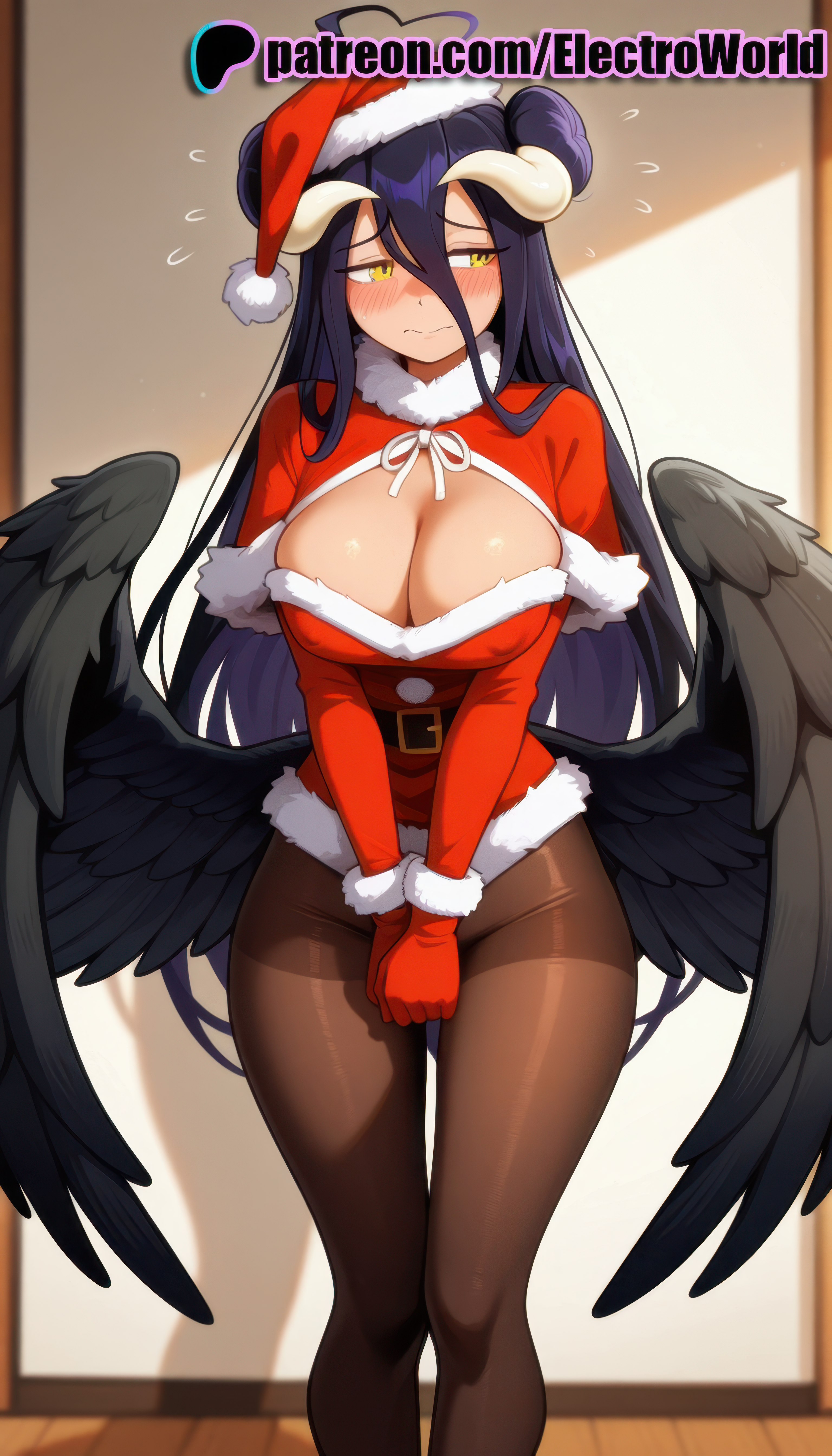 albedo (overlord), christmas, new year, overlord (maruyama), highres, 1female, 1girls, ai generated, blush, breasts, christmas clothing, christmas outfit, curvaceous, curvaceous body, curvaceous female, curvaceous figure, electroworld, erect nipple, erect nipples, female, female focus, happy new year, horn, horns, inviting to sex, nipples, nude, nude female, pleasure face, pleasured female, pov, santa costume, seductive, seductive female, seductive look, seductive pose, see-through, see-through clothing, see-through top, solo, solo female, solo focus, tights, trembling, trembling for pleasure, uncensored, voluptuous, voluptuous female, wet, wet body, wet skin, wings, xmas, 