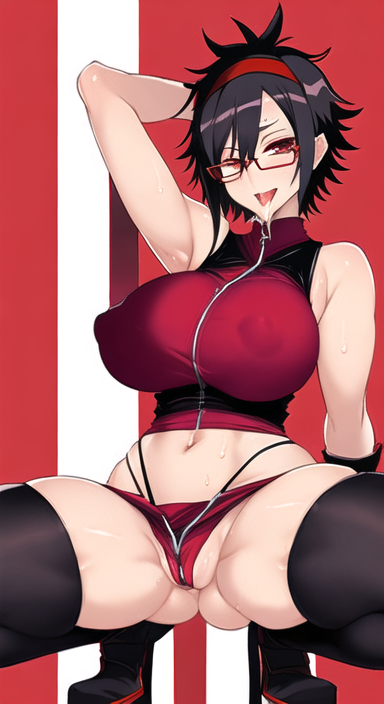 sarada uchiha, boruto: naruto next generations, naruto, naruto (series), ai generated, anything diffusion, black hair, clothing, dezgo ai, female, female only, glasses, huge breasts, red eyes, squatting, sweat, thick thighs, thigh socks, thighhighs, 