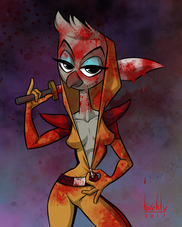 birchly, gabby mcstabberson, disney, ducktales, ducktales (2017), 2017, simple background, anthro, avian, beak, bird, bloodstain, blue eyeshadow, bodysuit, breasts, cleavage, clothing, female, female only, hood, looking at viewer, melee weapon, skinsuit, solo, sword, tight clothing, undressing, weapon, 