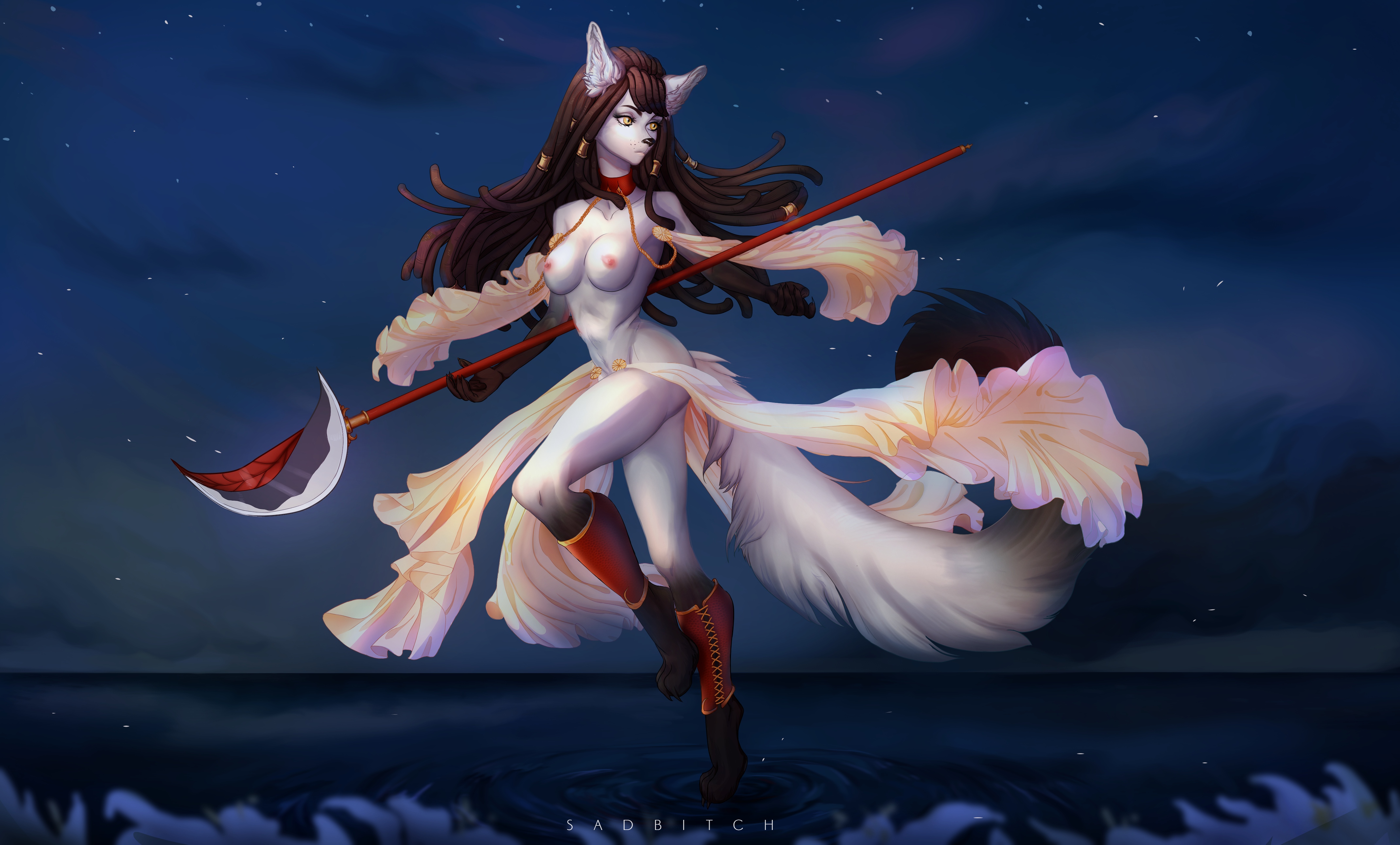 absurd res, hi res, anthro, armor, black body, black fur, black hair, black nose, breasts, canid, canine, canis, dancing, dreadlocks, exposed breasts, fabric, female, flower, fur, hair, lake, lance, long hair, long tail, magic, mammal, nipples, nude, plant, river, sadbitch, solo, warrior, water, weapon, wind, wolf, yellow eyes, 