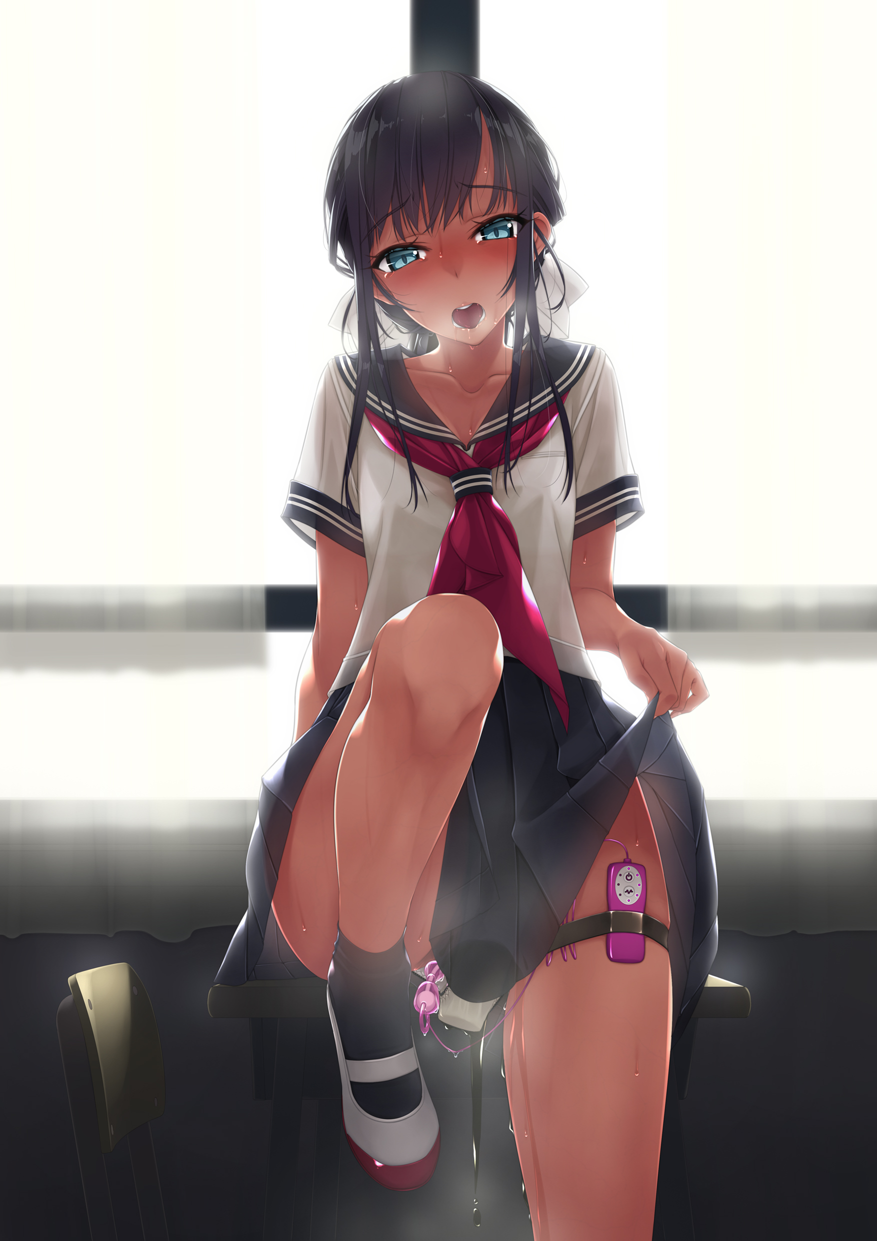 murakami suigun, original, absurdres, highres, black hair, blue eyes, blush, breasts, classroom, female, long hair, looking at viewer, panties, pleated skirt, school uniform, serafuku, shirt lift, short sleeves, sitting, skirt, skirt lift, small breasts, smile, socks, solo, underwear, vibrator, vibrator under clothes, vibrator under panties, 