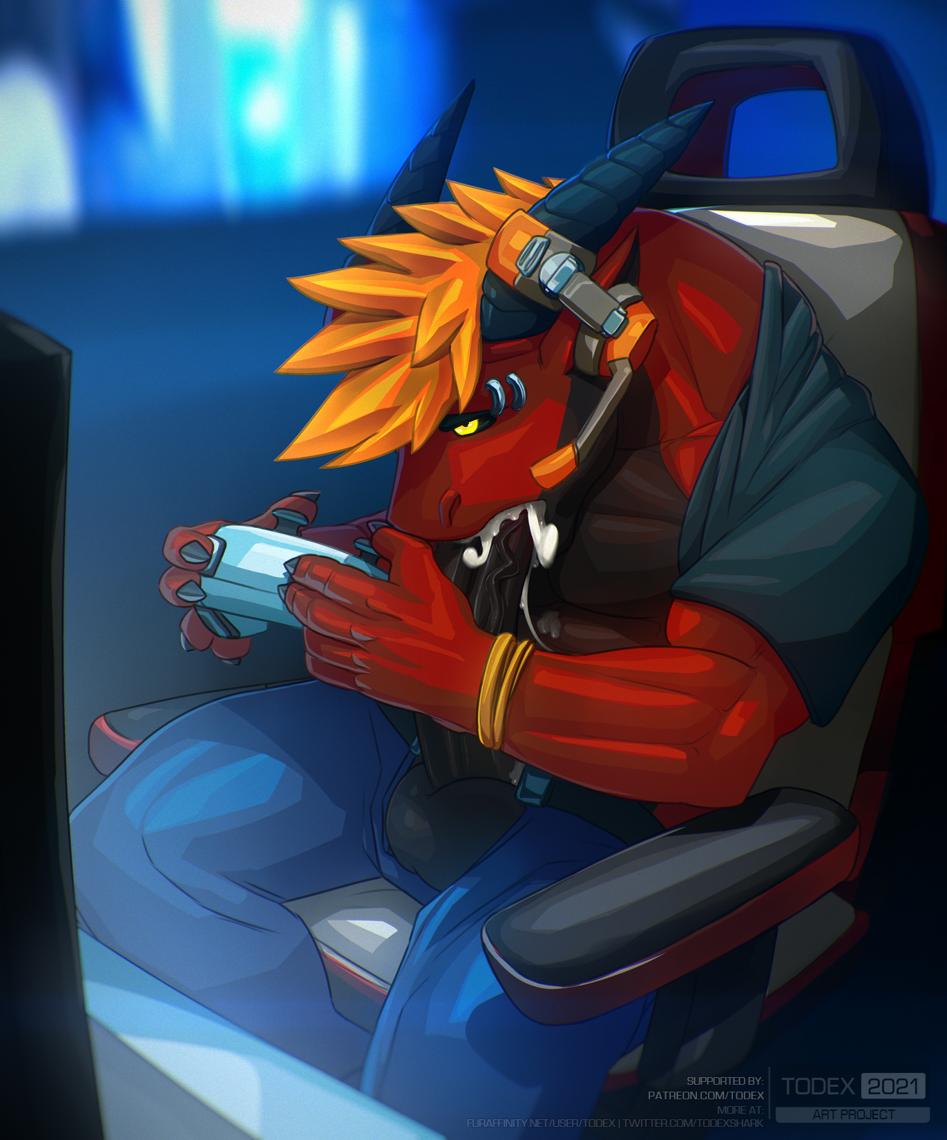 todex, hi res, watermark, 2021, 5 fingers, anthro, autofellatio, balls, biceps, big penis, black sclera, bodily fluids, bottomwear, bracelet, casual masturbation, claws, clothed, clothing, clothing lift, controller, cum, cum in mouth, cum inside, cum leaking, cumshot, denim, denim clothing, dragon, ejaculation, erection, eyebrow piercing, facial piercing, fingers, furgonomics, game controller, gaming chair, gaming headset, genital fluids, genitals, horn, huge cock, humanoid genitalia, humanoid penis, jeans, jewelry, long penis, male, masturbation, muscular, muscular anthro, muscular male, open clothing, oral, oral masturbation, orgasm, pants, pecs, penile, penile masturbation, penis, penis through fly, piercing, poking out, raised clothing, raised shirt, raised topwear, reptile, scalie, shirt, shirt lift, sitting, solo, thick penis, topwear, vein, veiny penis, western dragon, wingless dragon, 