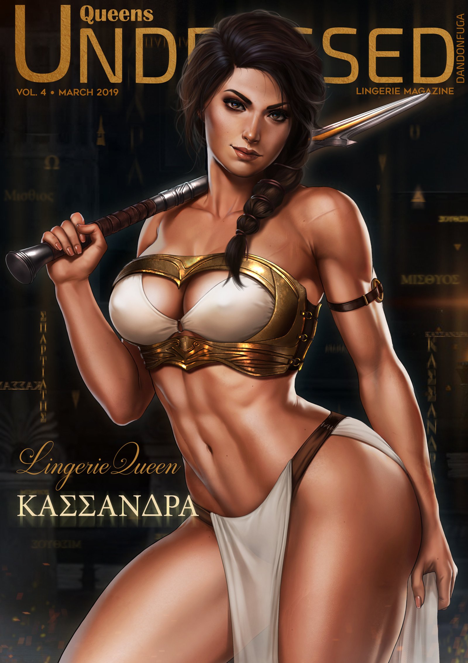 dandon fuga, kassandra, pose, 1girls, abs, armor, ass, assassin's creed, big ass, big breasts, big butt, black hair, braided hair, breasts, cleavage, eyelashes, eyeshadow, female, female focus, female only, huge breasts, long hair, looking at viewer, magazine, magazine cover, muscles, muscular, muscular female, navel, no bra, no panties, posing, solo, solo focus, standing, sword, thick thighs, thighs, weapon, 