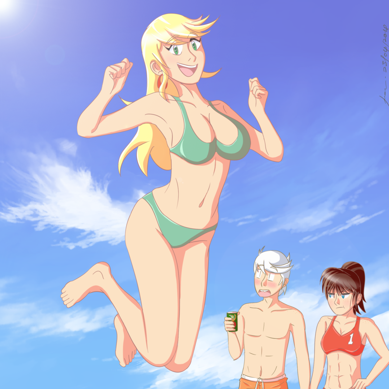 leni loud, lincoln loud, lynn loud, the loud house, 1boy, 2girls, abs, aged up, armpits, barefoot, big breasts, blue eyes, blush, breasts, brother and sister, cleavage, cloud, collarbone, feet, female, freckles, green eyes, happy, incest, jumping, large breasts, male, multiple females, multiple girls, ponytail, siblings, sky, smile, surprised, swimsuit, swimwear, wide hips, 