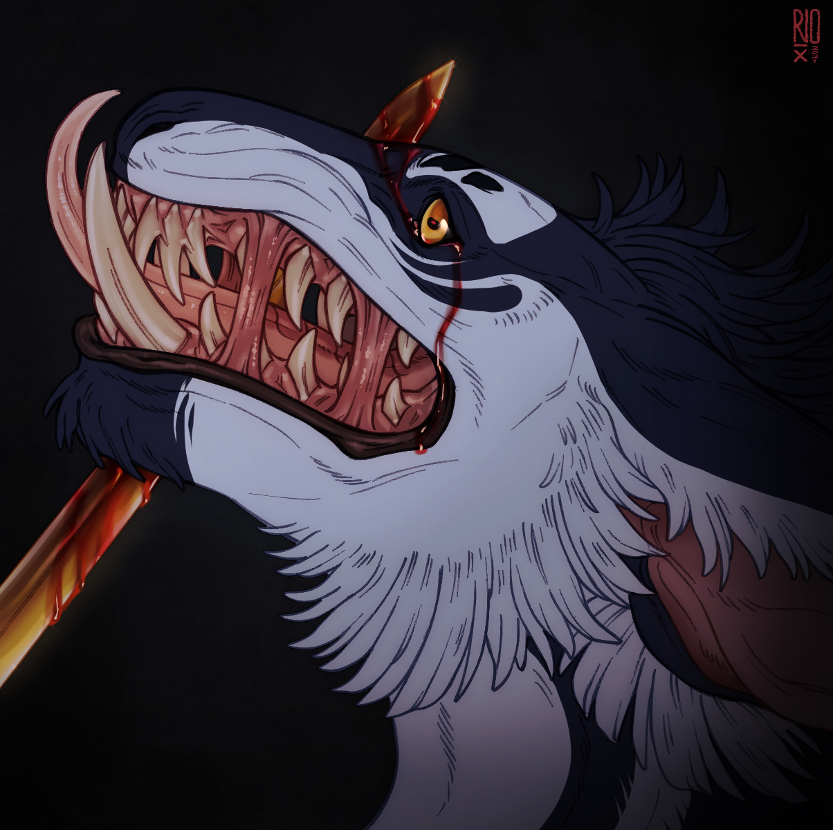 black background, dated, hi res, simple background, 2021, ambiguous gender, artist logo, black sclera, blood on face, blood on sword, bodily fluids, brown lips, cheek tuft, chin tuft, death, ears back, facial tuft, feral, gore, head tuft, headshot portrait, lips, logo, orange eyes, pivoted ears, portrait, red tongue, riorix, sharp teeth, side view, solo, teeth, tongue, tongue out, tuft, tusks, yellow eyes, 