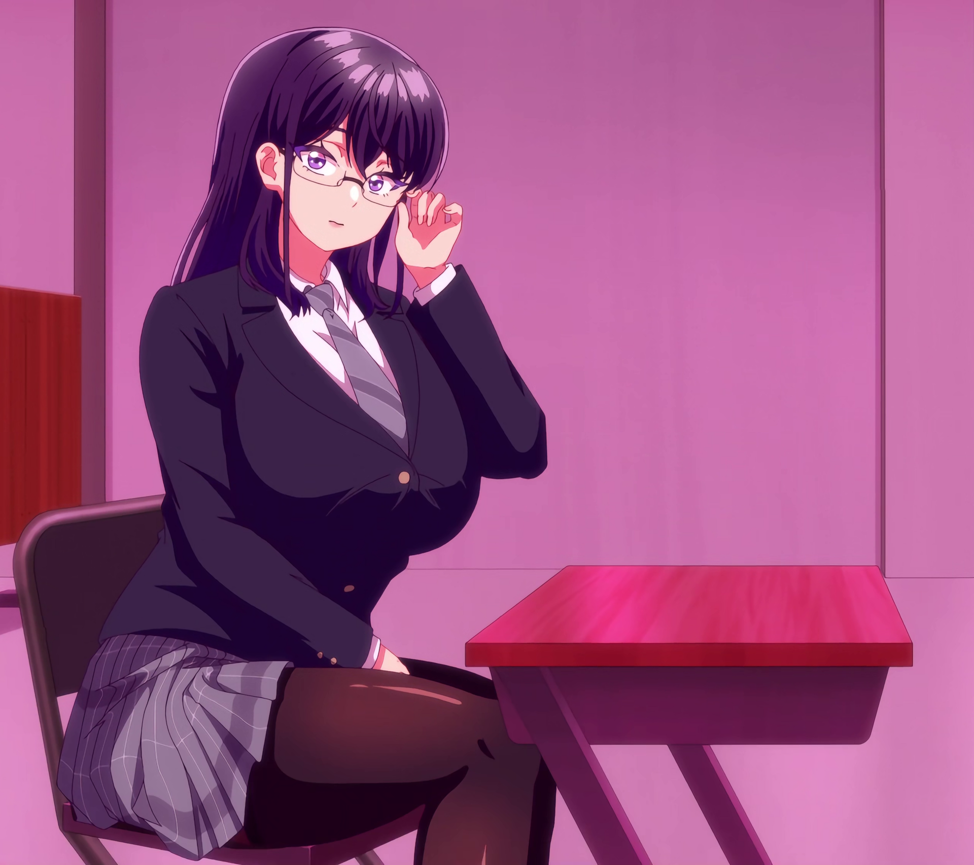 1girls black_hair breasts clothing glasses guilty_hole_oshiego_shika_shimei_dekinai_mise large_breasts looking_at_viewer purple_eyes school_uniform screencap skirt thick_thighs thighhighs thighs