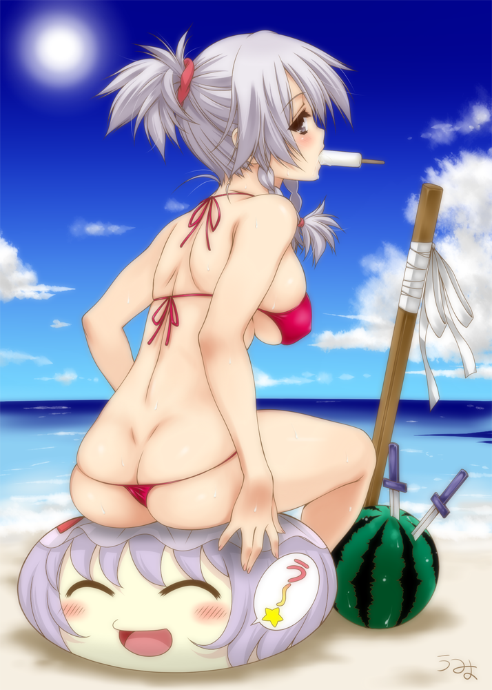 10s 2012 alternate_hairstyle ass ass_crack back ball_(object) beach beach_ball big_ass big_breasts bikini blush braid breasts butt_crack cloud day female female_focus food fruit knife large_ass large_breasts looking_at_viewer looking_back outdoors panties ponytail popsicle red_bikini remilia_scarlet sakuya_izayoi short_hair side_braid sitting sitting_on_ball sitting_on_beach_ball solo summer sweat swimsuit thong thong_bikini touhou twin_braids umyonge_(lkakeu) underwear watermelon yukkuri_shiteitte_ne