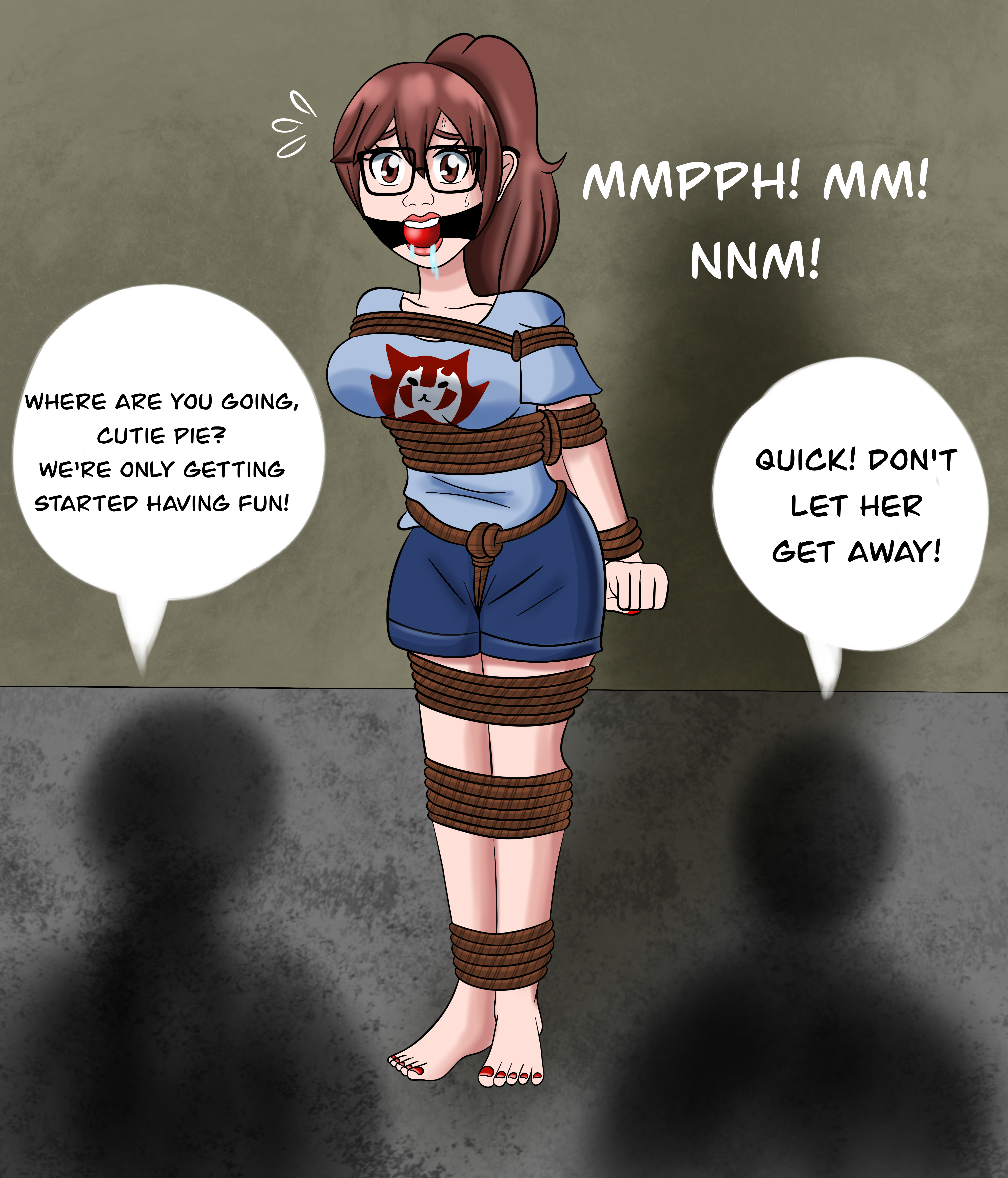 ball_gag barefoot bondage boobs bound_and_gagged breast_bondage breasts brown_eyes brown_hair damsel_in_distress feet gagged gagged_female glasses hands_tied helpless immobile lipstick nerd nerdy_female ponytail rope rope_bondage tied_up