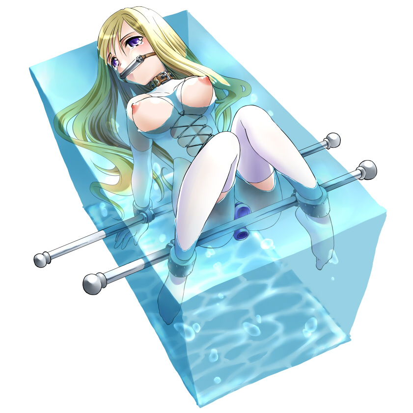 mikam, bit gag, blonde hair, blush, bondage, breasts, breasts outside, collar, dildo, double penetration, elbow gloves, female, gag, gloves, long hair, nipples, penetration, purple eyes, solo, spreader bar, tears, thighhighs, water, 