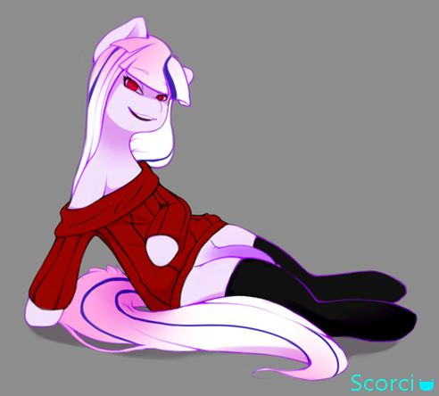 scorci, friendship is magic, my little pony, 2014, animal genitalia, anthro, clothed, clothing, equine, erection, fabulous jay, fur, furry, furry only, girly, hair, horse, horsecock, legwear, looking at viewer, male, mammal, penis, plain background, pony, red eyes, smile, solo, sweater, thigh highs, 