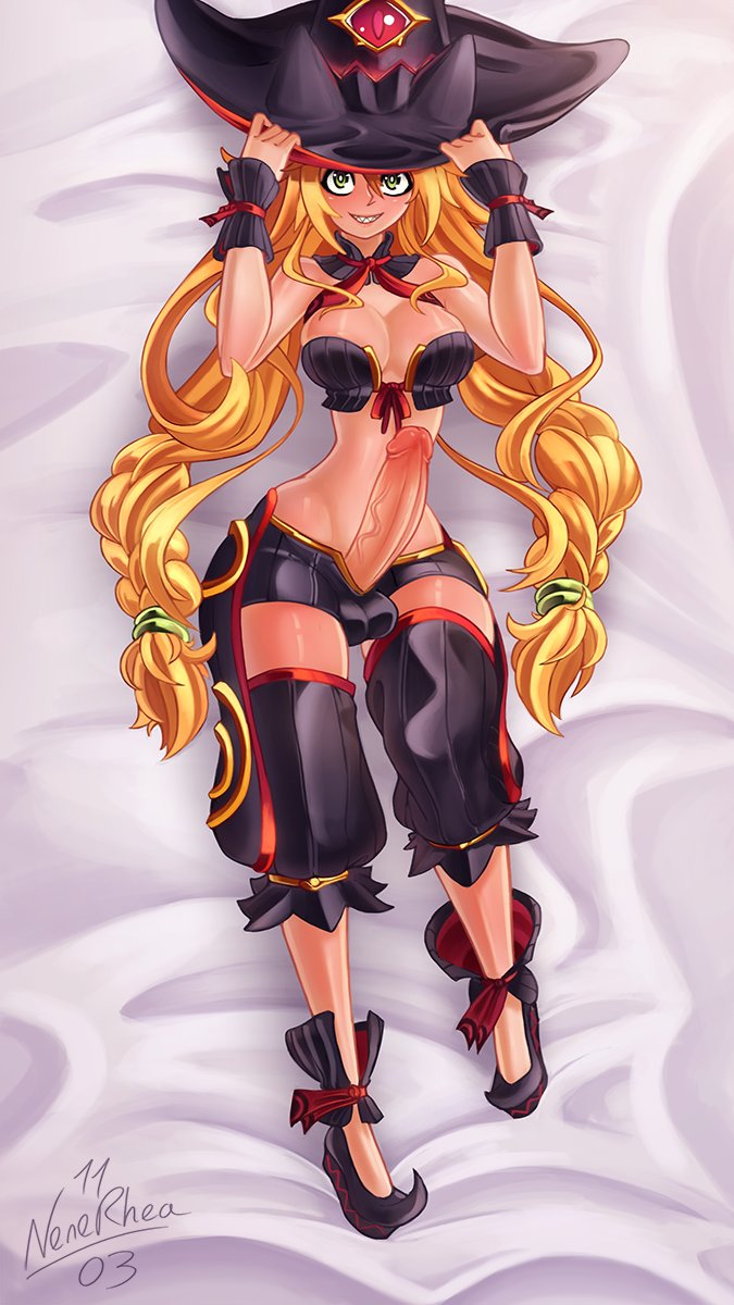 nenerhea, metallia, the witch and the hundred knight, dakimakura, 1futa, animal ears, balls, breasts, clothed, clothing, futa only, futanari, green eyes, hat, humanoid, humanoid penis, kemonomimi, long hair, pale skin, partially clothed, penis, sharp teeth, solo, solo futa, veiny penis, witch hat, 