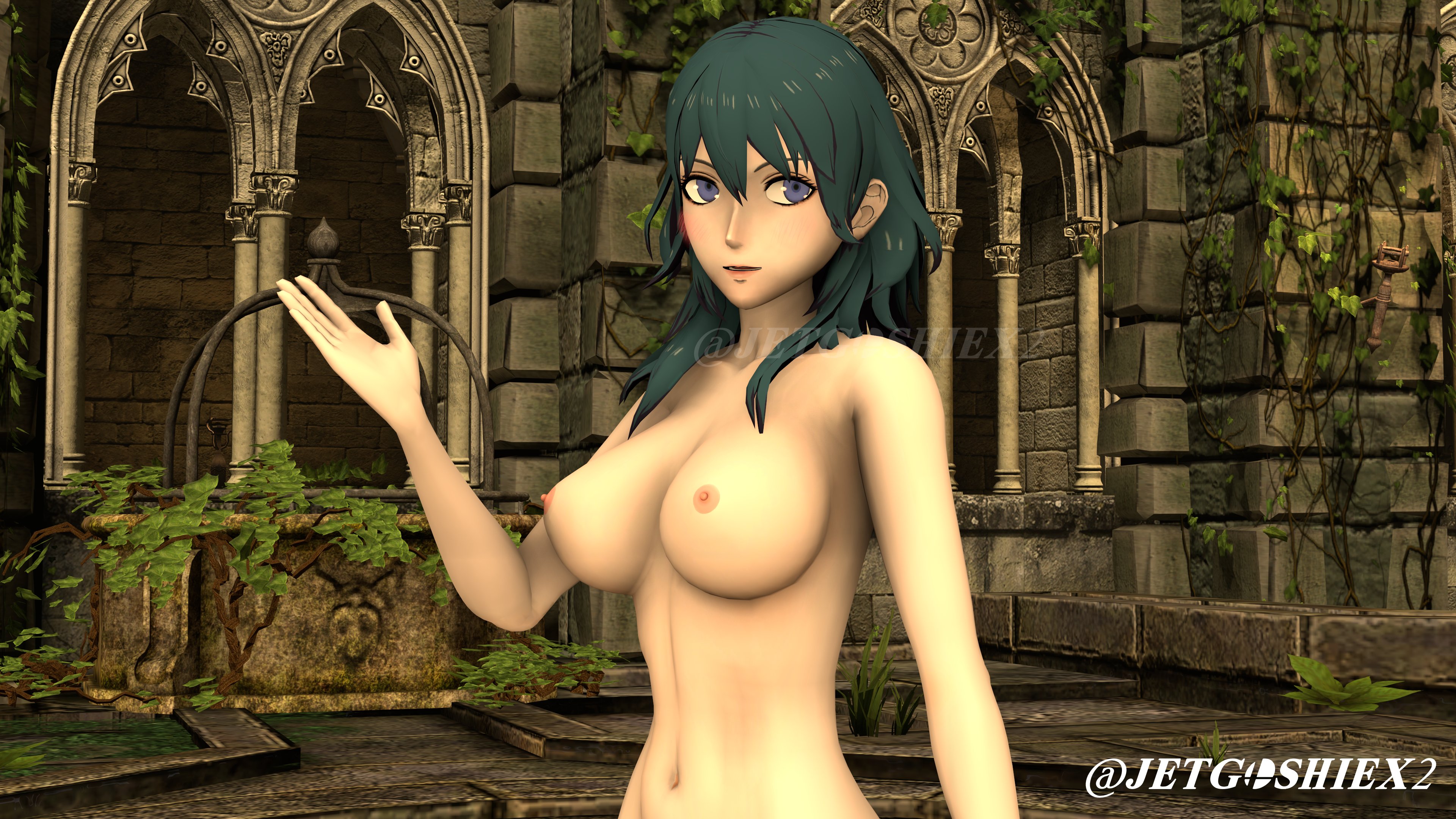byleth (fire emblem), byleth (fire emblem) (female), fire emblem, fire emblem: three houses, nintendo, 3d, 1girl, blue eyes, blue hair, breasts, female, half naked, half nude, jetnsfw, lipstick, medium hair, nipples, open mouth, outdoors, outside, solo, white skin, 