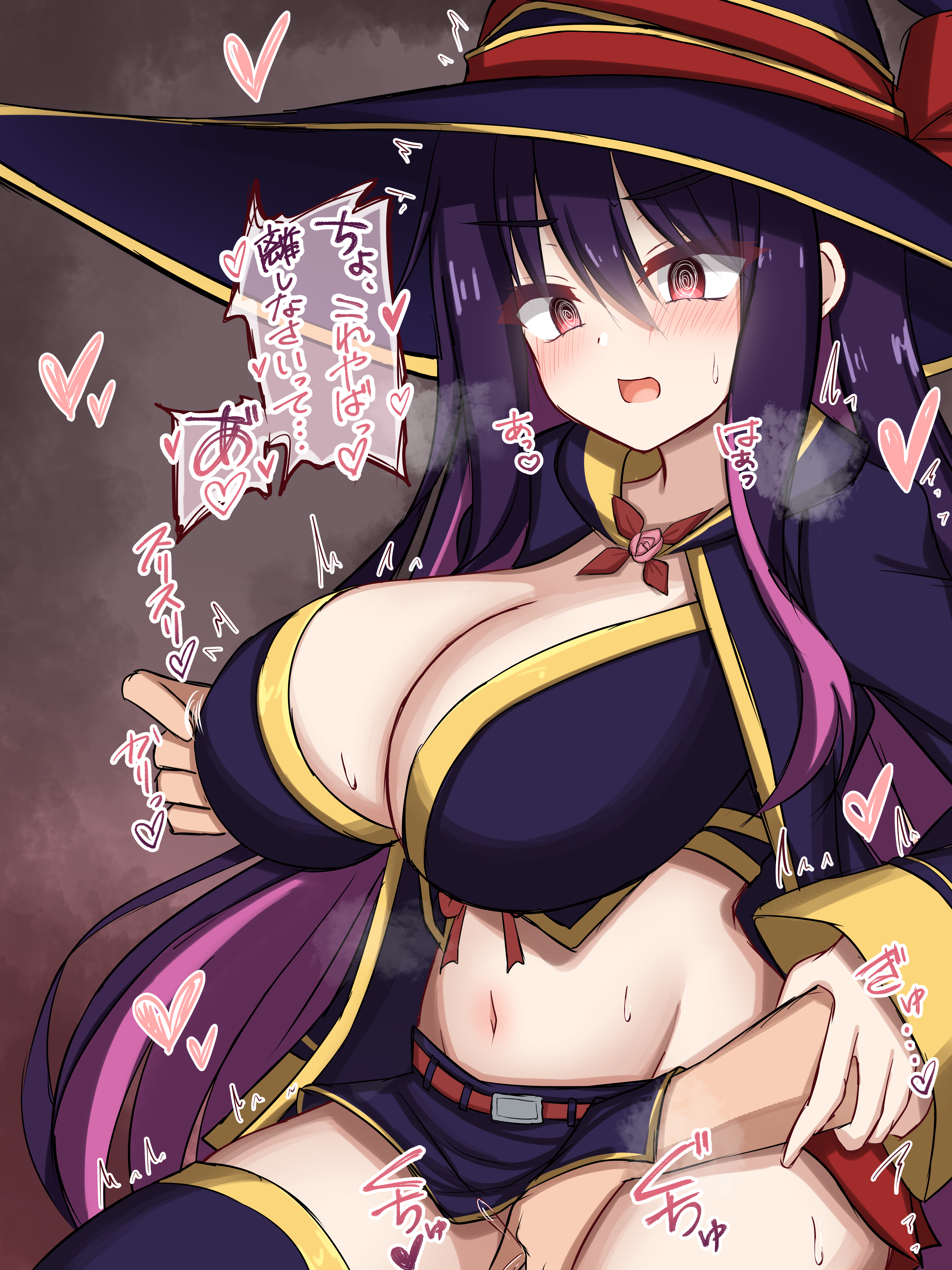 absurdres, brown background, highres, speech bubble, 1boy, @ @, blush, breasts, cleavage, colored inner hair, crop top, female, fingering, hat, hat ribbon, idola avorn, large breasts, large hat, long hair, looking ahead, makochan42, midriff, multicolored hair, navel, nipple stimulation, open mouth, pink hair, purple hair, purple hat, purple skirt, red eyes, red ribbon, ribbon, sentai red ga isekai de boukensha ni naru, skirt, sweat, very long hair, witch hat, 