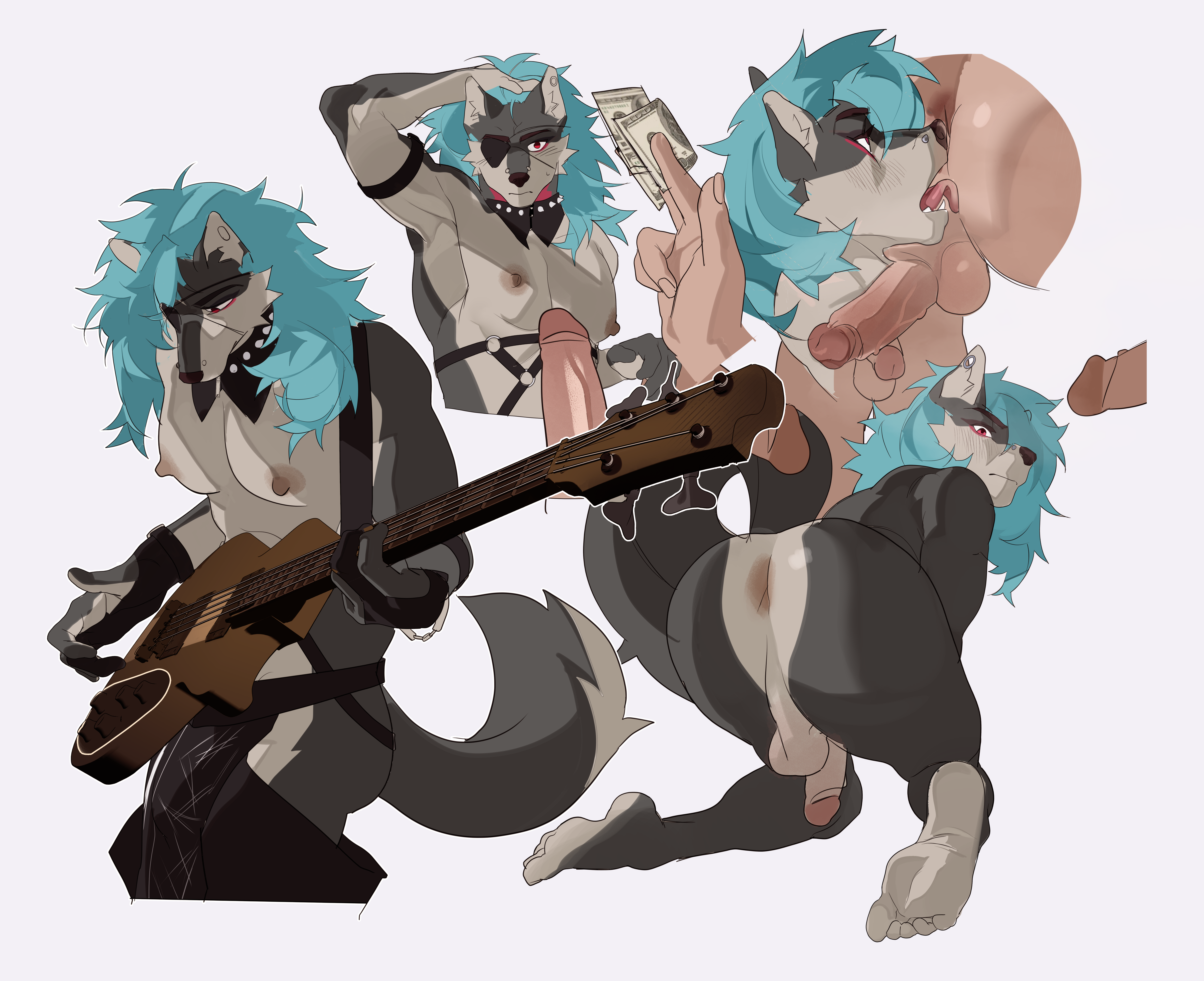 absurd_res alternative_fashion anthro bass_guitar blue_hair canid canine canis charless_(blossomingruin) clothing duo fur grey_body grey_fur guitar hair hi_res hyeon47 j-fashion makeup male male/male mammal muscular muscular_male musical_instrument plucked_string_instrument pole shirt simple_background solo string_instrument stripper stripper_pole tail topwear visual_kei wolf