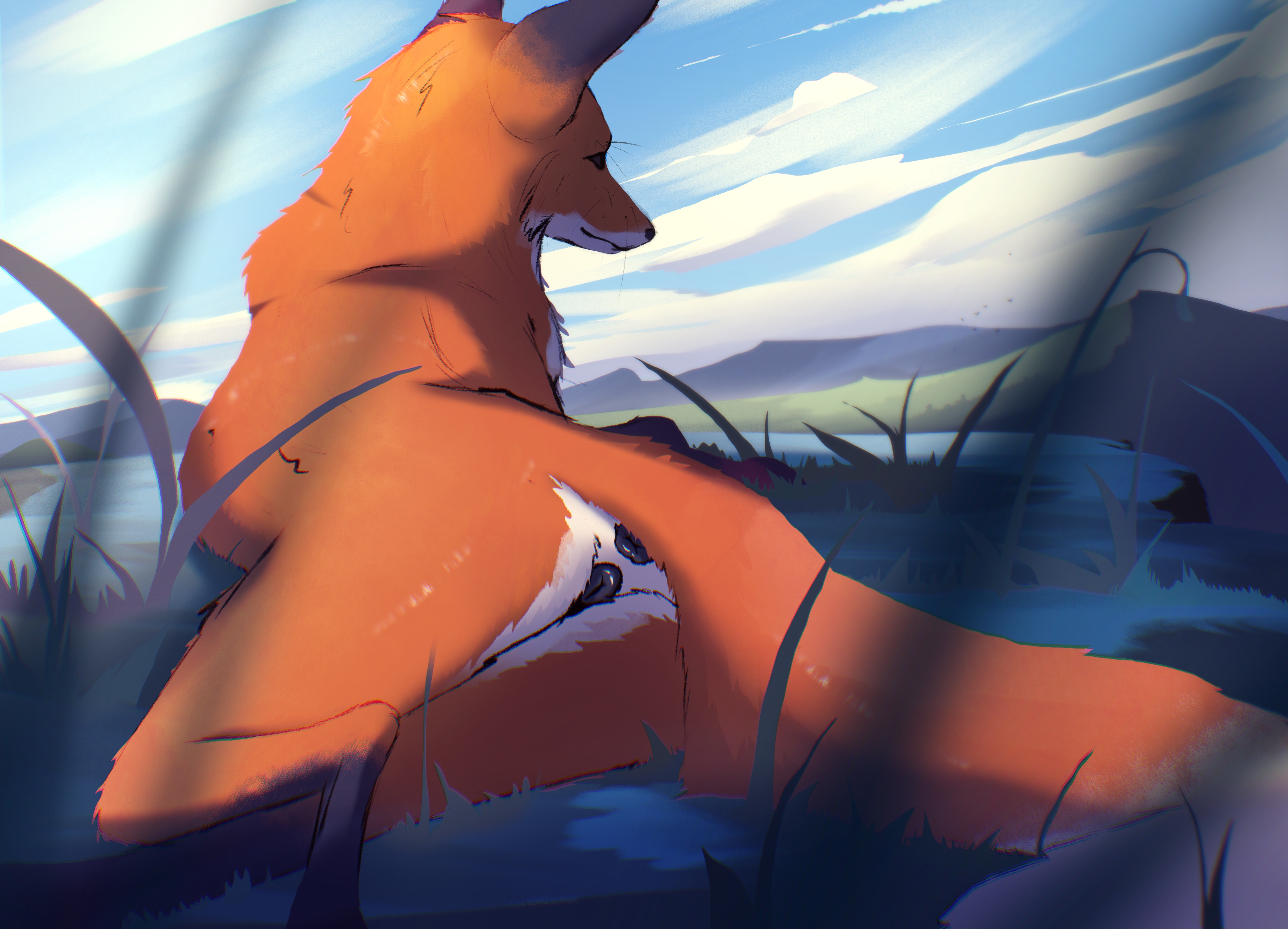 absurd_res anatomically_correct anatomically_correct_genitalia anatomically_correct_vulva animal_genitalia animal_vulva anus barn-owl_(artist) black_anus black_vulva canid canine canine_genitalia canine_vulva chromatic_aberration cloud digital_media_(artwork) digital_painting_(artwork) female feral fox fur fur_tuft genitals grass hi_res long_tail looking_away lying mammal mountain_range orange_body orange_fur outside painting_(artwork) plant rear_view red_fox shaded sky solo tail true_fox tuft vulva whiskers white_body white_fur