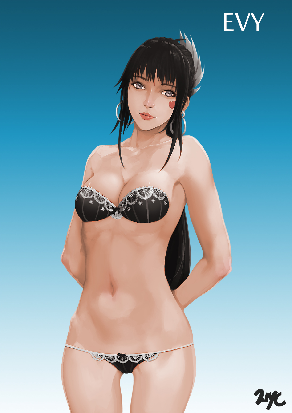 21yc, evy, vindictus, black hair, bra, breasts, cleavage, earrings, female, long hair, navel, panties, solo, standing, 