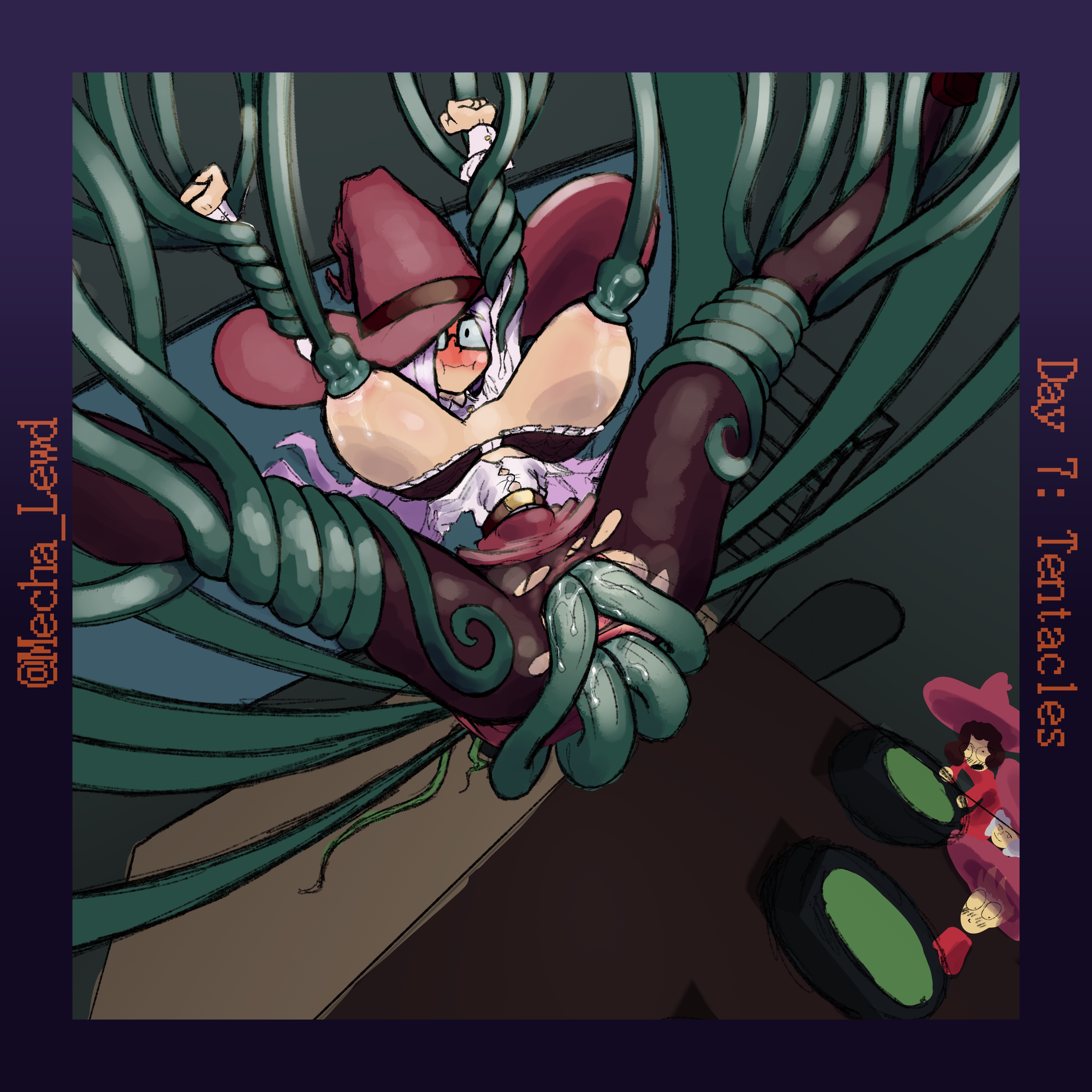 all the way through, ass juice, belt, belt snapping, breast sucking, button pop, button up shirt, cauldron, double anal, double penetration, double vaginal, glasses, legs up, lifted, mecha lewd, pantyhose, pink hair, public, pussy juice, ripped clothing, ripped pantyhose, skirt, spread legs, stomach bulge, surprised, tentacle, tentacle grab, tentacle sex, throat bulge, witch, witch hat, 