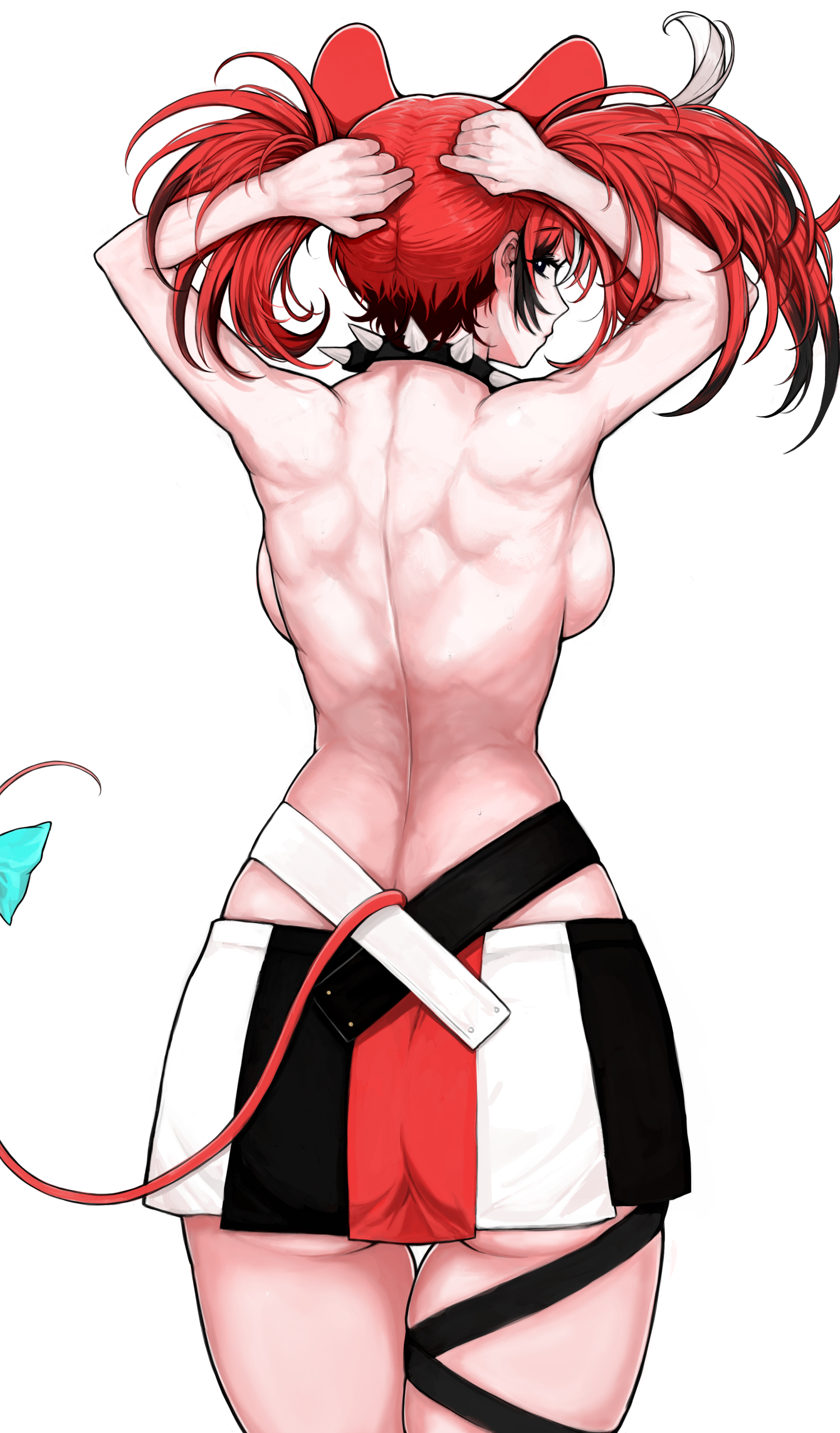 hololive, arms up, back, back view, collar, hakos baelz, hololive english, hololive english -council-, looking back, muscular, muscular female, no bra, red hair, sideboob, yos2k, 