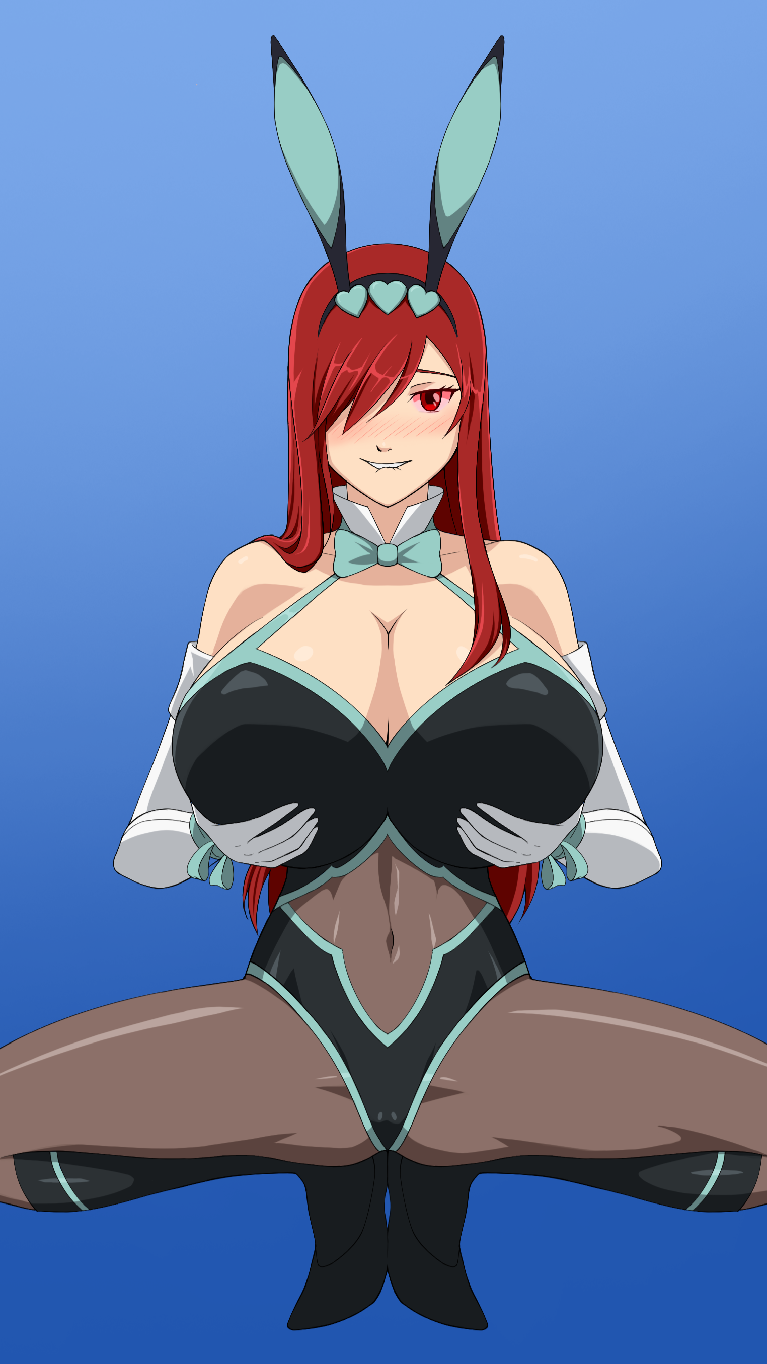 absurdres barefoot biting_lip blush brainwashed brainwashing breasts bunny_ears bunny_girl bunnysuit cleavage erza_scarlet fairy_tail fake_animal_ears feet female_only femsub happy_trance high_heels hypnosis large_breasts long_hair mind_control red_eyes red_hair smile squatting vevymani